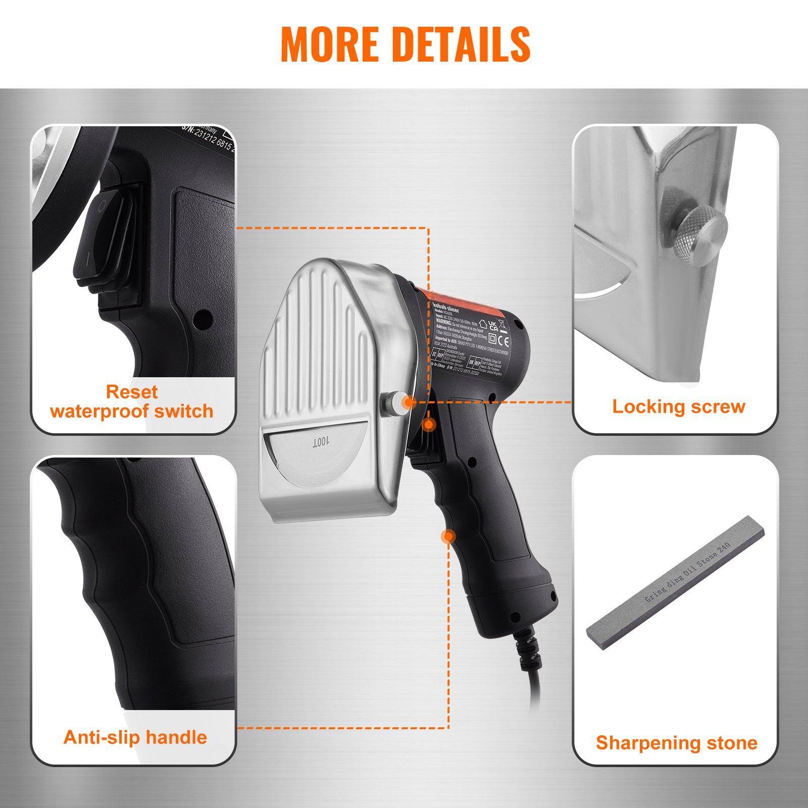 MORE DETAILS

- Reset waterproof switch
- Locking screw
- Anti-slip handle
- Sharpening stone