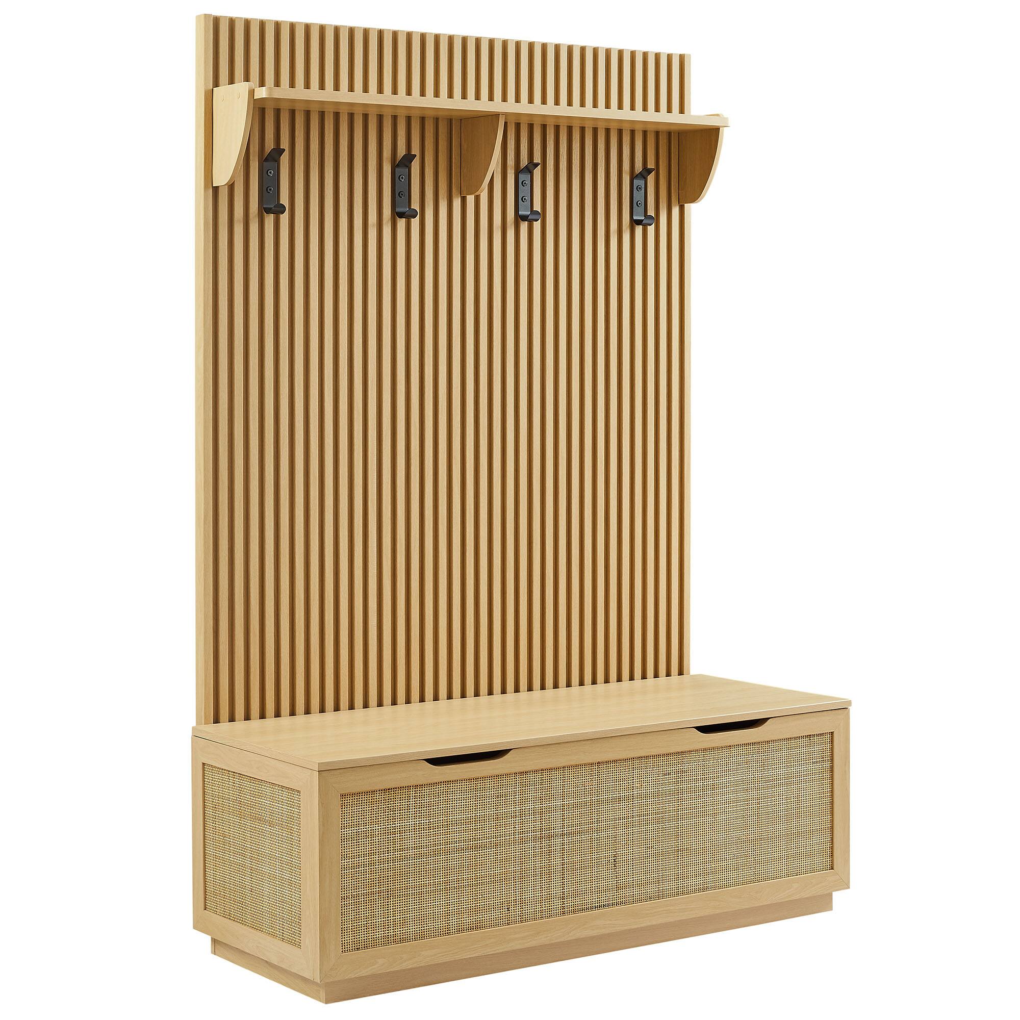 Angle. Modway - Soma Fluted 3-in-1 Hall Tree With Storage Bench and Coat Rack by Modway - Light Oak.