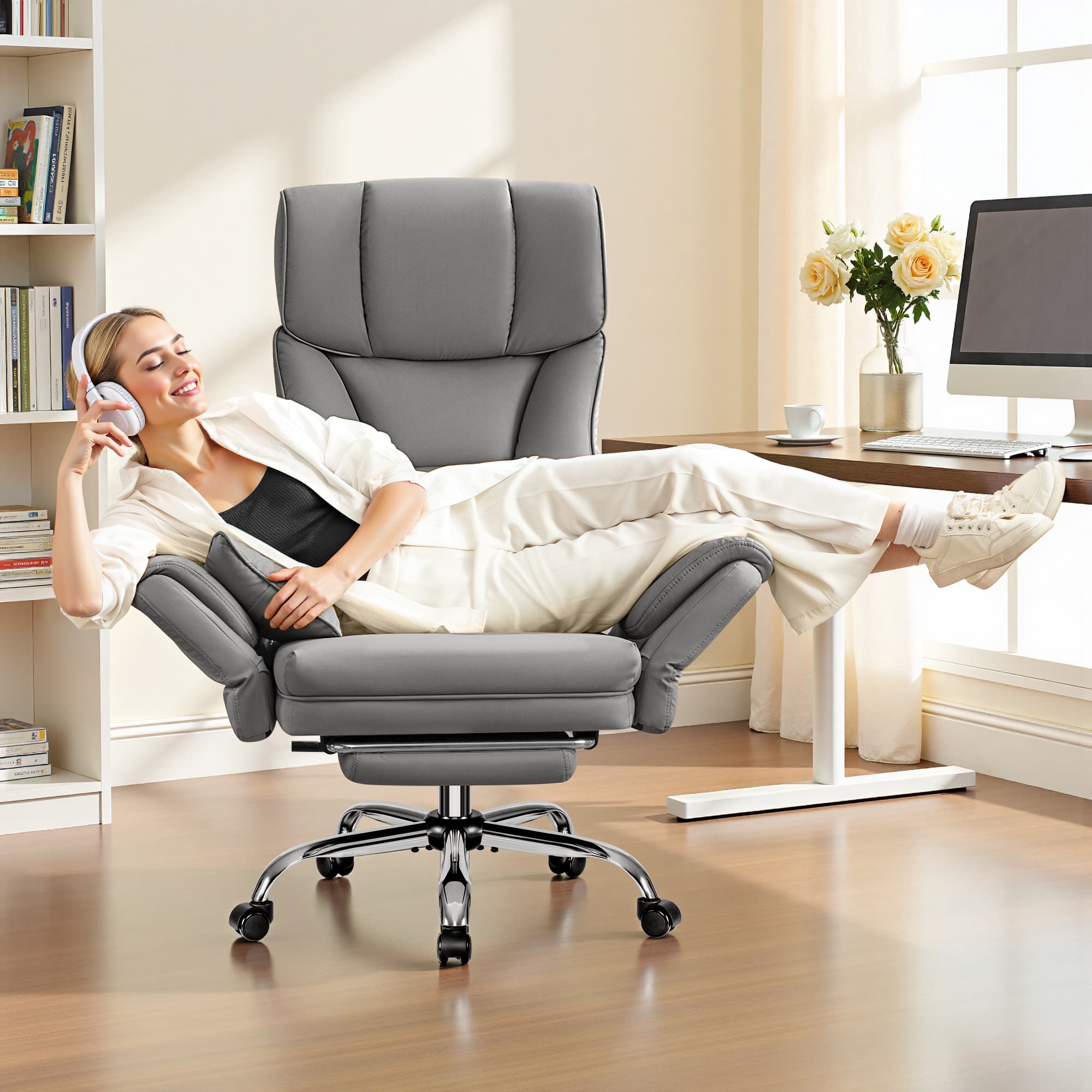 Front. Brick Attic - 500LBS Plus Ergonomic Office Chair with Footrest, Wide Cross Legged Executive Chair with Reversible Armrests, 120°Tilt - Grey.