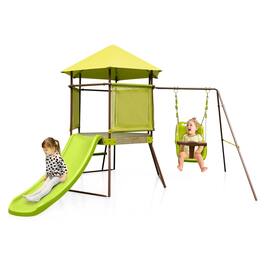 Costway - 4-in-1 Swing Set with Covered Playhouse Fort Height Adjustable Baby Seat Slide - Green