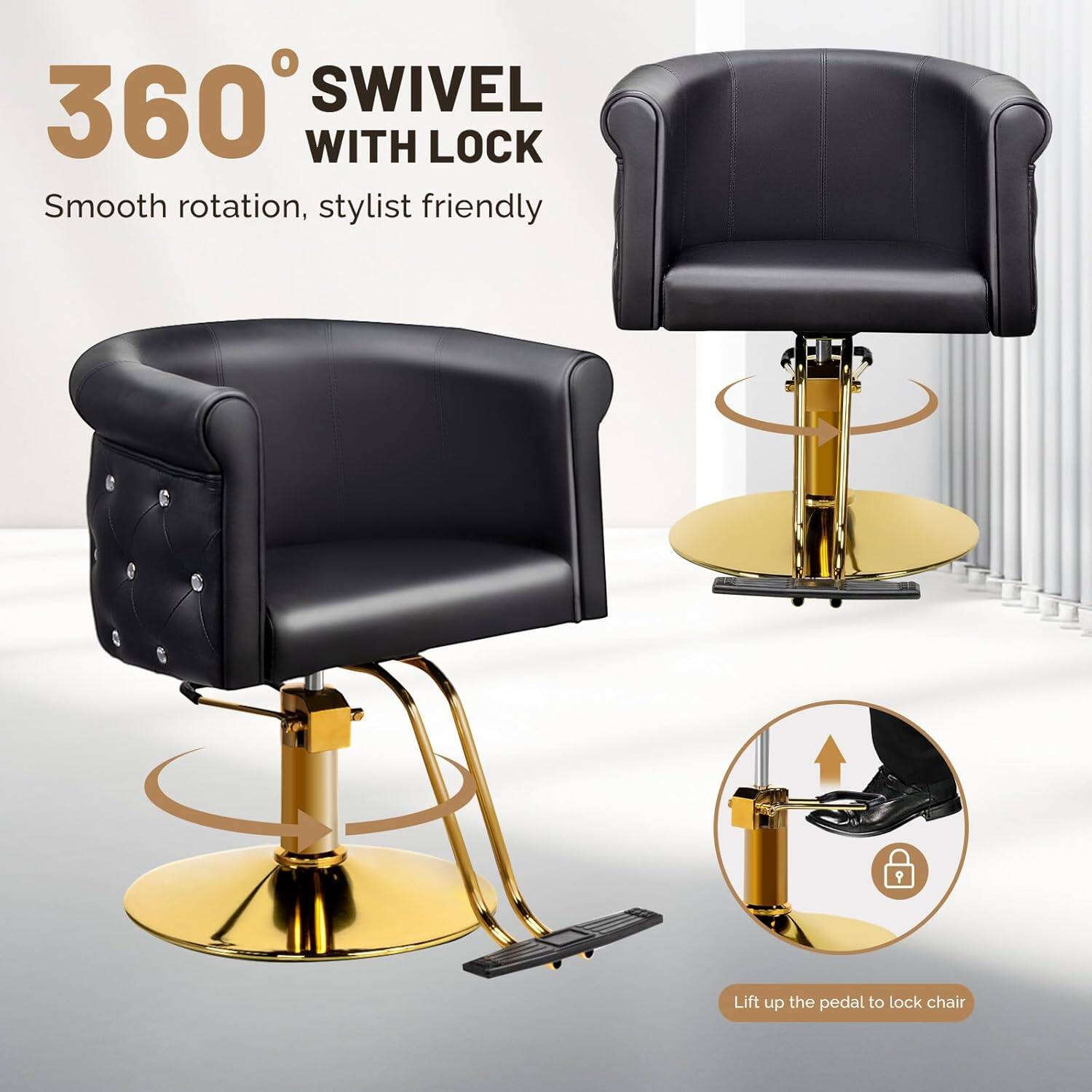 360° SWIVEL WITH LOCK  
Smooth rotation, stylist friendly  

Lift up the pedal to lock chair