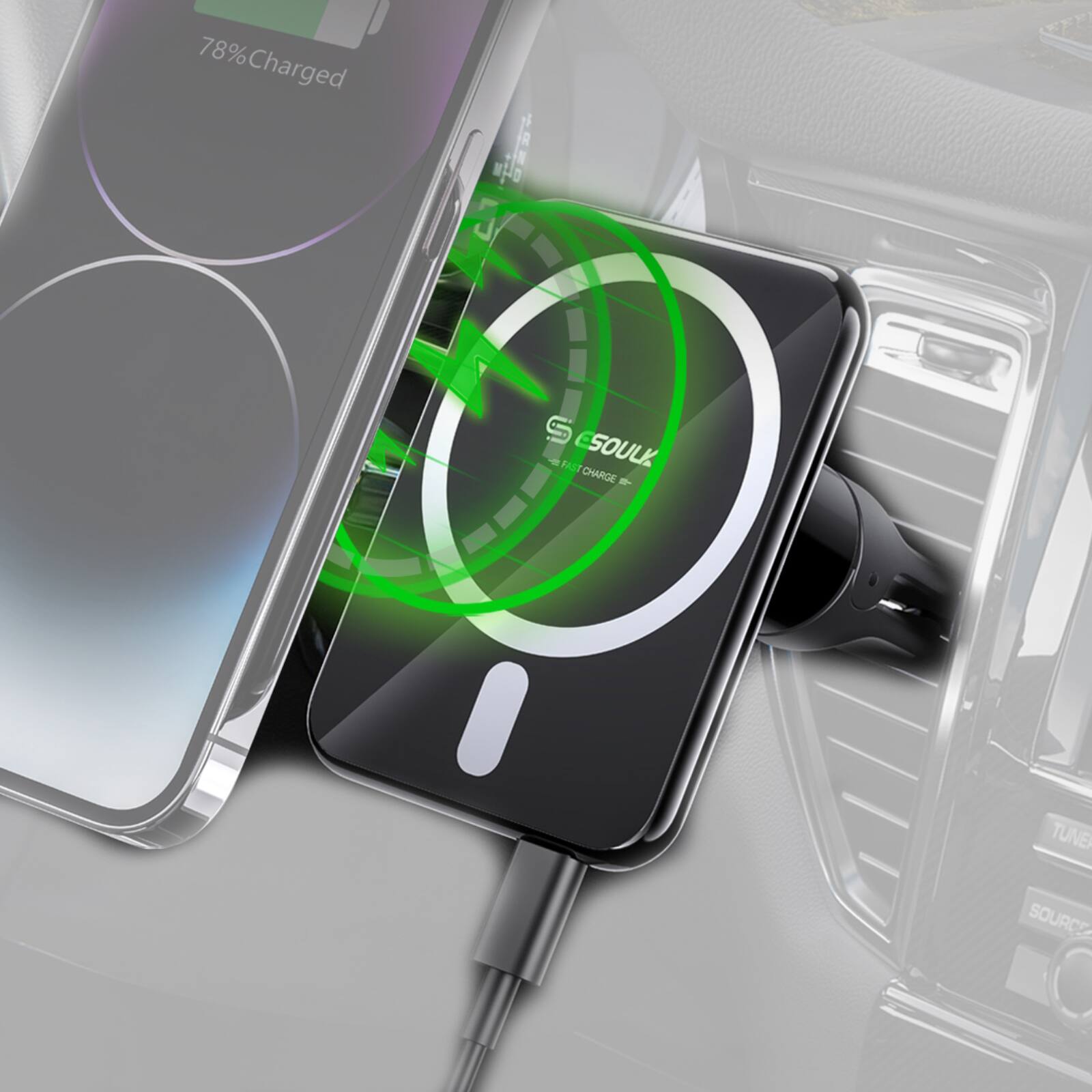 Esoulk - 15W Magsafe Compatible iPhone 17 16 15 14 13 12 Magnetic Wireless Charger Air Vent Car Mount - Black