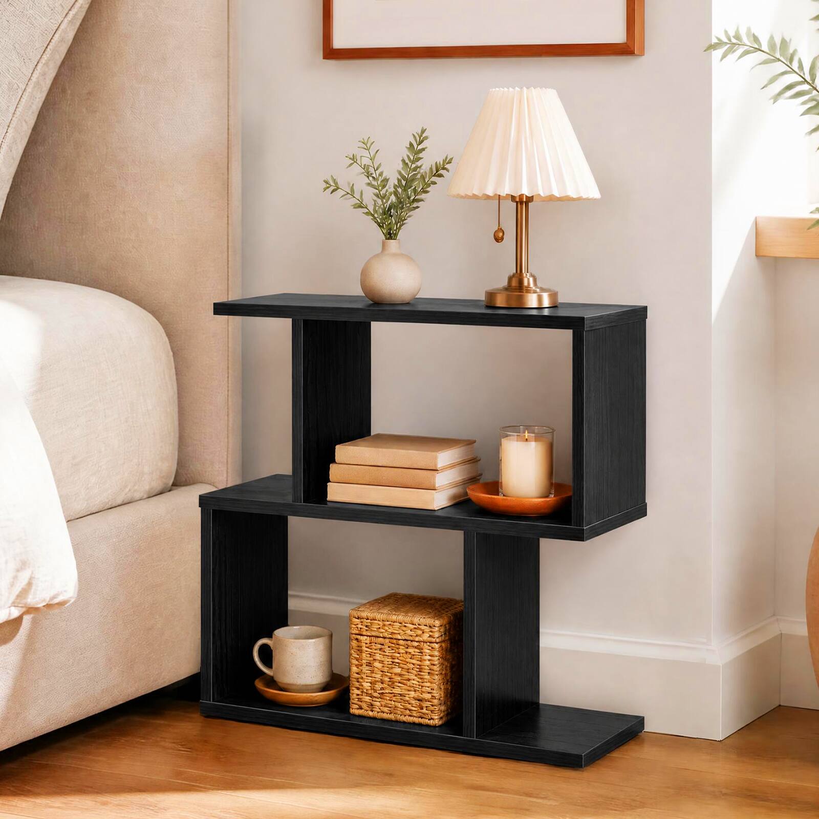 Alt View 3. Costway - Costway 2 PCS 2-Tier Bookshelf Free Standing Wooden Display S-Shaped Shelf Storage Rack - Black.