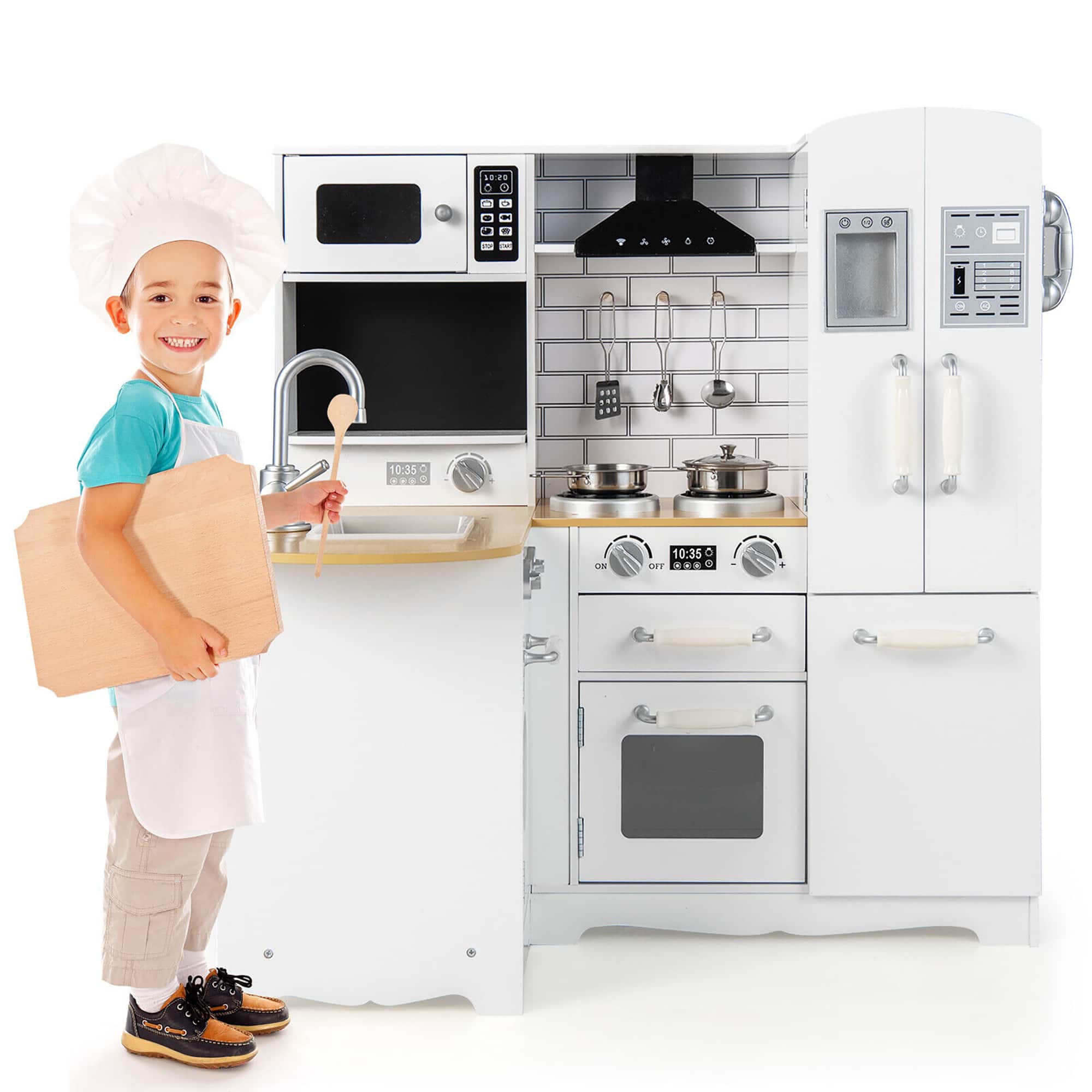Gymax - Kid's Corner Kitchen Playset Wooden Pretend Kitchen Play Toy Set w/ Sound Effect - White