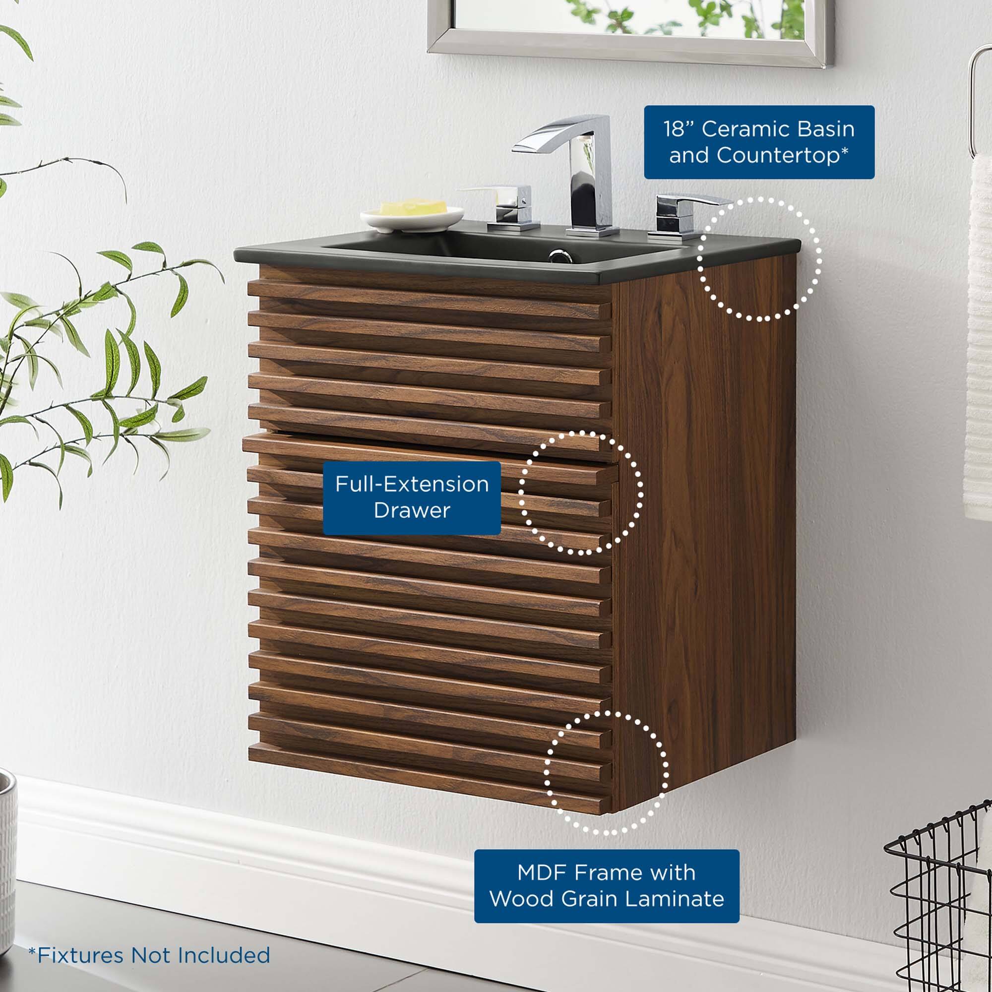 18" Ceramic Basin and Countertop*  
Full-Extension Drawer  
MDF Frame with Wood Grain Laminate  
Fixtures Not Included