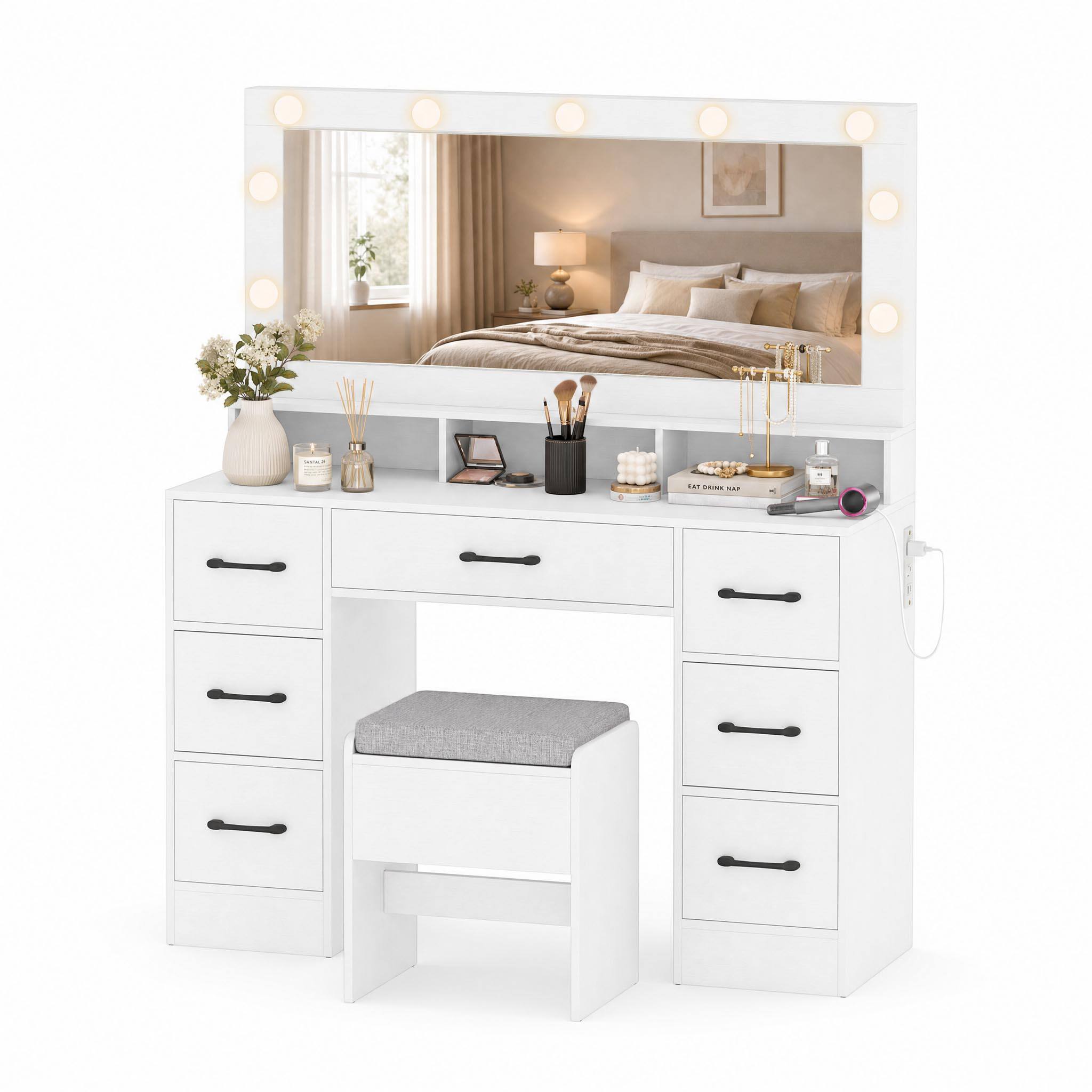 Alt View 5. WELLFOR - Makeup Vanity Desk with Lights & Charging Station, Modern Vanity Desk Set with 7 Drawers & Storage Stool for Bedroom - White.