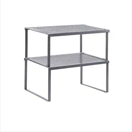 Front. Oumilen - Silver 2-Tier Stackable Kitchen Cabinet Organizer, Metal Countertop Storage Shelf with Perforated Mesh Panel - Silver.