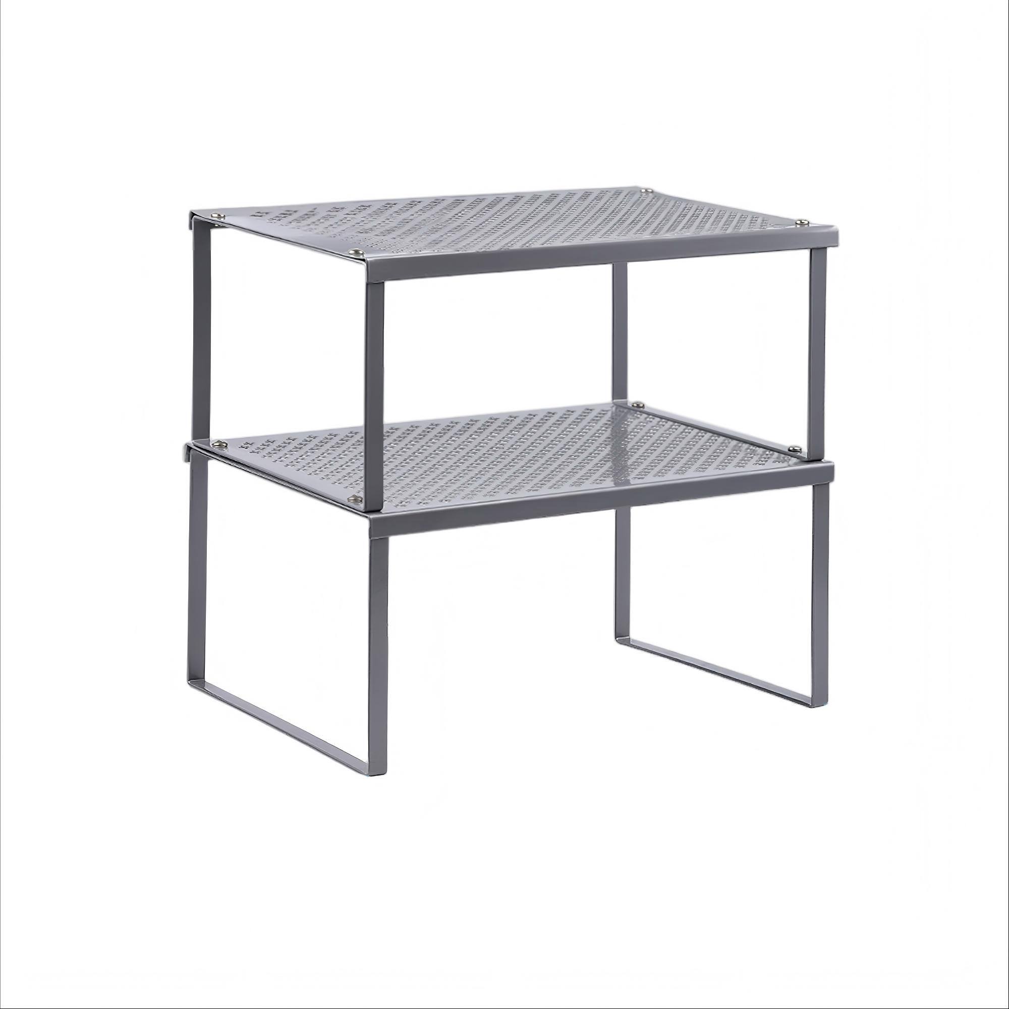 Front. Oumilen - Silver 2-Tier Stackable Kitchen Cabinet Organizer, Metal Countertop Storage Shelf with Perforated Mesh Panel - Silver.