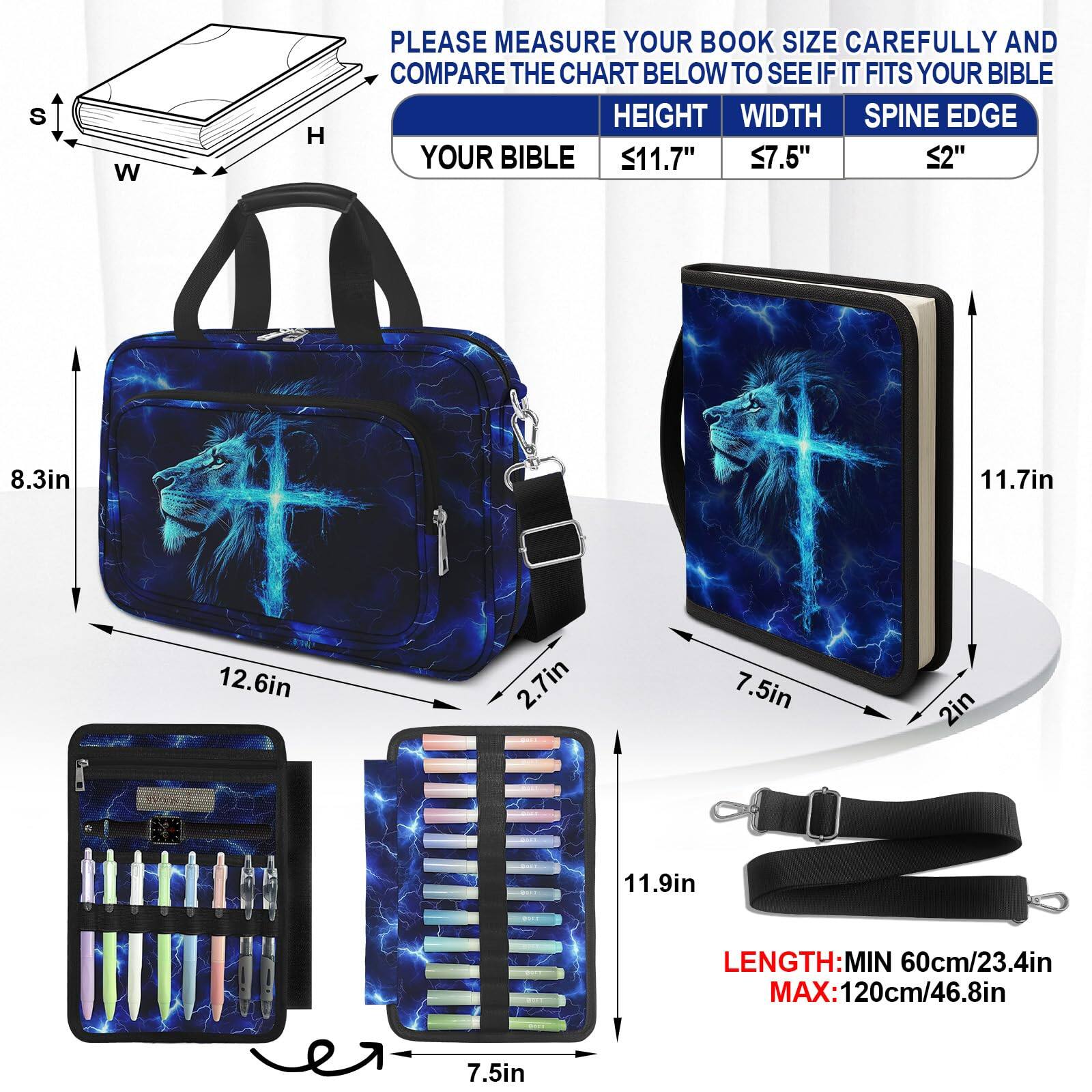 Please measure your book size carefully and compare the chart below to see if it fits your Bible.

**Your Bible:**
- Height: ≤11.7"
- Width: ≤7.5"
- Spine Edge: ≤2"

**Length:**
- Min: 60cm/23.4in
- Max: 120cm/46.8in

**Dimensions:**
- 8.3in (Height)
- 12.6in (Width)
- 2.7in (Spine Edge)
- 11.7in (Length)
- 7.5in (Width)
- 2in (Spine Edge)
- 11.9in (Length)