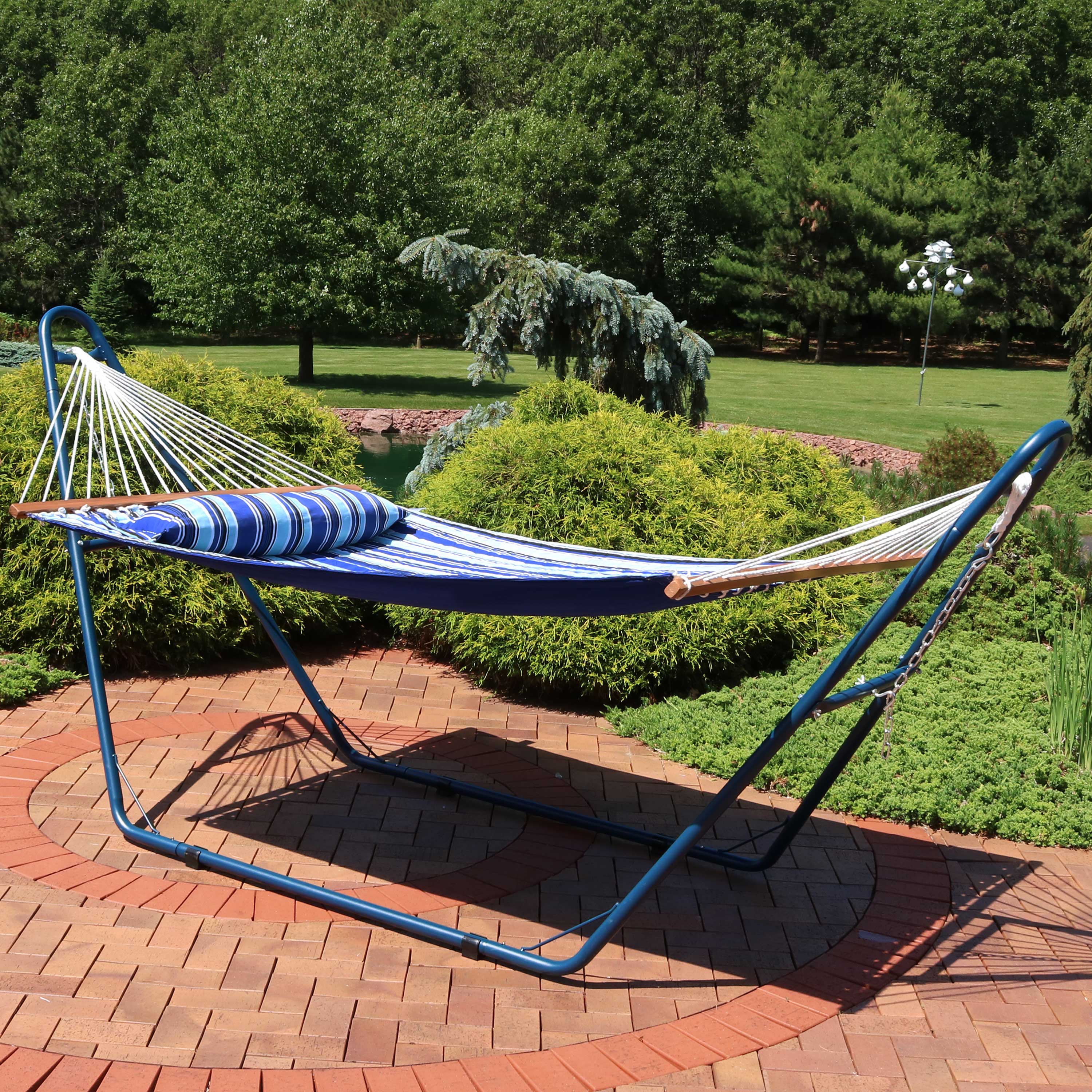 Alt View 3. Sunnydaze - 2-Person Quilted Hammock with Universal Steel Blue Stand - Light Blue.