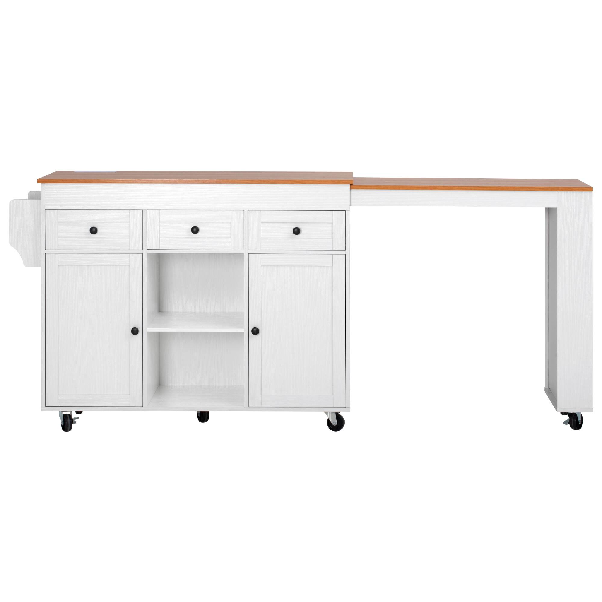 Alt View 1. Forest'nSky - 85.5 inch Kitchen Island with Extendable Dining Table and Power Outlet with 3 Drawers, 2 Doors & Side Shelves, White - White.