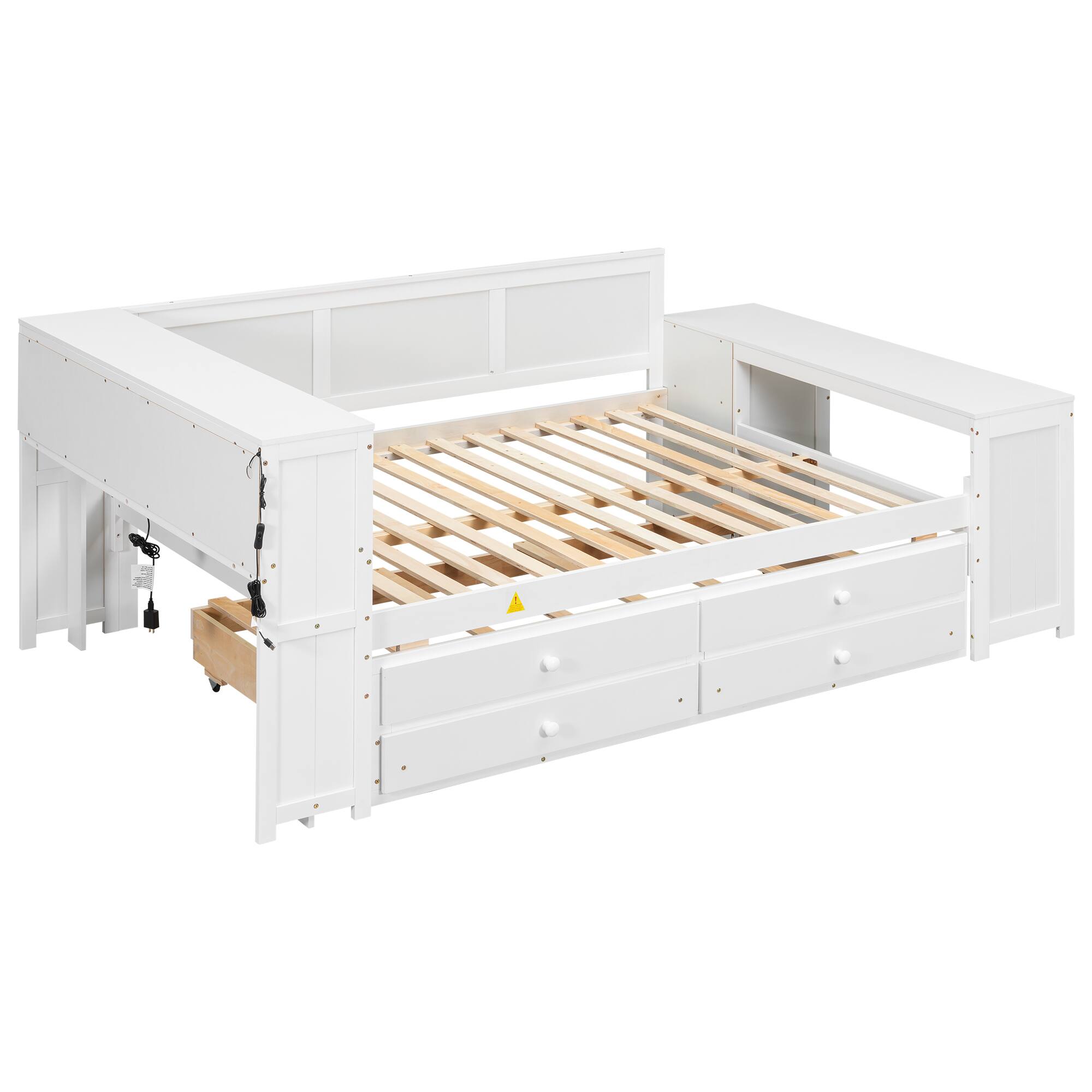 Left. Whisen - Full Size Daybed with Trundle, Storage Shelves, Drawers, Desk, LED & Charging Station - White.