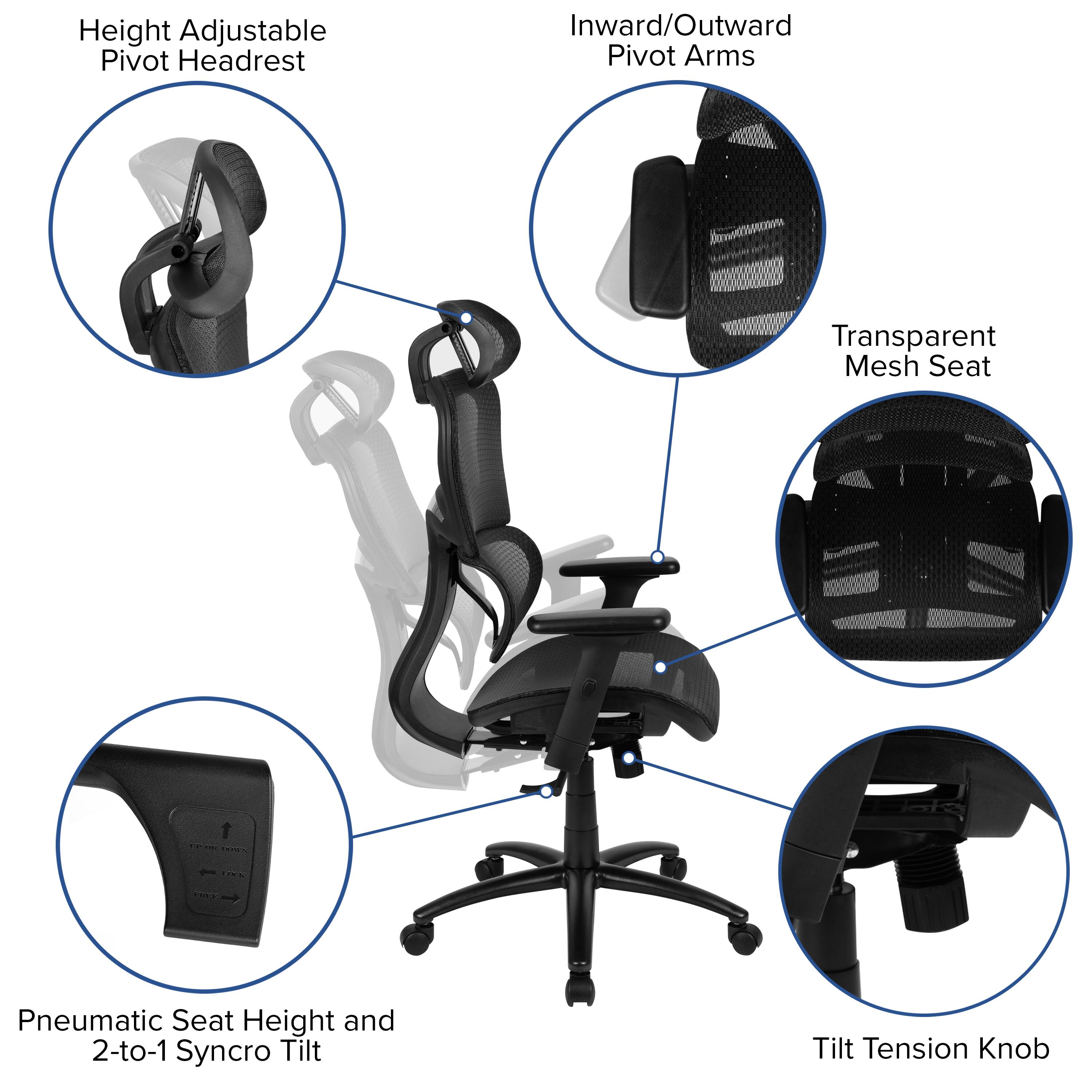 Height Adjustable Pivot Headrest  
Inward/Outward Pivot Arms  
Transparent Mesh Seat  
Pneumatic Seat Height and 2-to-1 Syncro Tilt  
Tilt Tension Knob