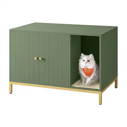 Front. Songmics Home - Litter Box Enclosure, Modern Cat Litter Box Furniture Hidden, with Scratching Mat, Tall Legs, Cat House, Side End Table - Forest Green, Gold.