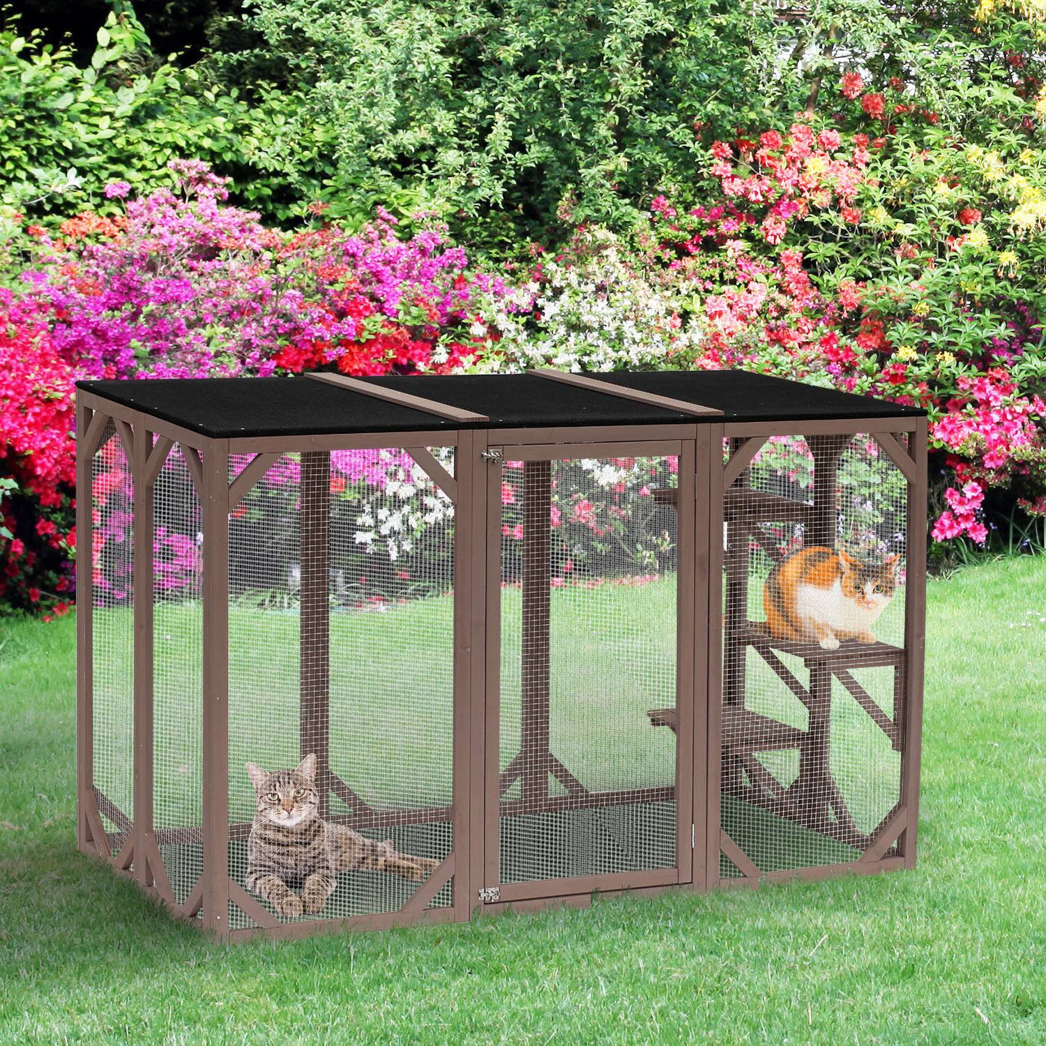 Angle. Pawhut - Outdoor Cat House, Catio Wooden Feral Shelter, Cage with Platforms, Weather Protection Asphalt Roof, 71" L.