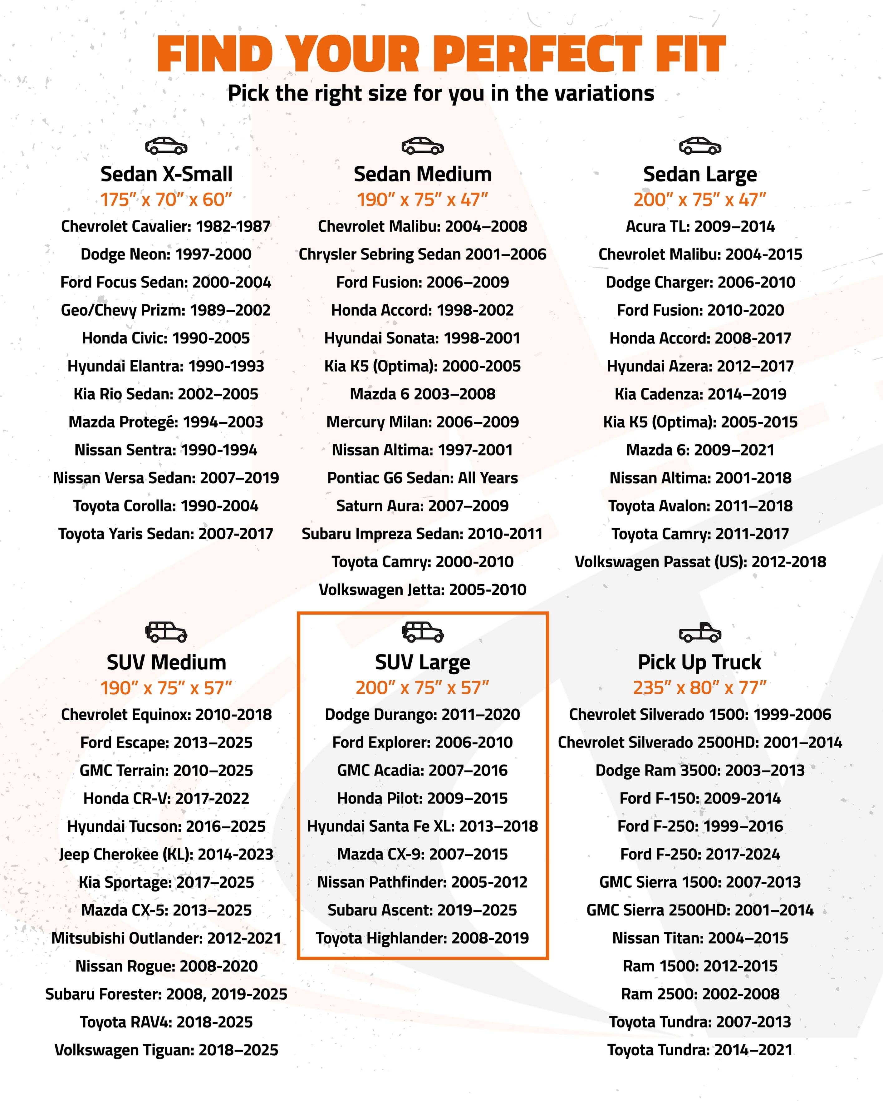 FIND YOUR PERFECT FIT  
Pick the right size for you in the variations

**Sedan X-Small**  
175" x 70" x 60"  
- Chevrolet Cavalier: 1982-1987  
- Dodge Neon: 1997-2000  
- Ford Focus Sedan: 2000-2004  
- Geo/Chevy Prizm: 1989-2002  
- Honda Civic: 1990-2005  
- Hyundai Elantra: 1990-1993  
- Kia Rio Sedan: 2002-2005  
- Mazda Protegé: 1994-2003  
- Nissan Sentra: 1990-1994  
- Toyota Corolla: 1990-2004  
- Toyota Yaris Sedan: 2007-2017  
- Subaru Impreza Sedan: 2010-2011  

**Sedan Medium**  
190" x 