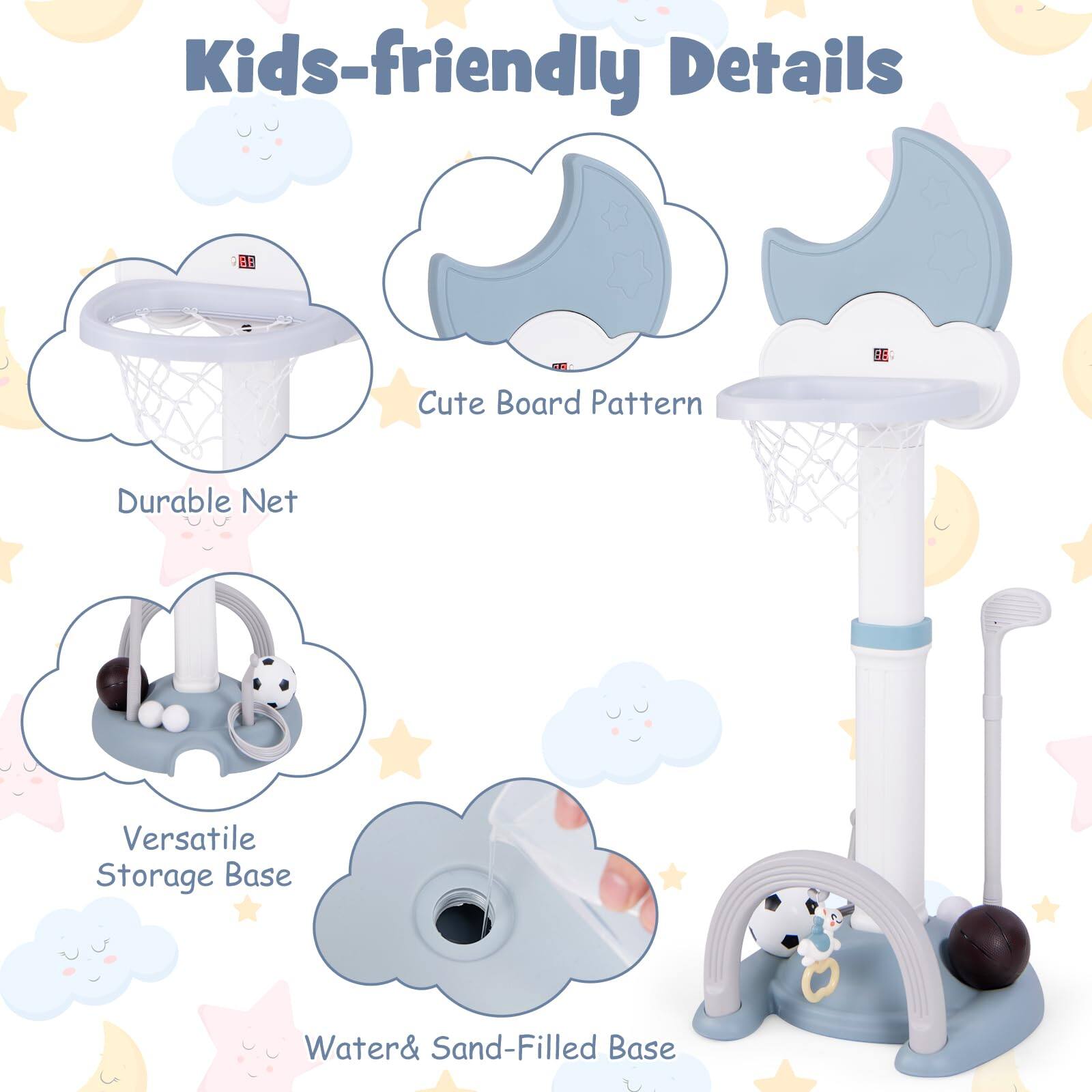Kids-friendly Details  
- Cute Board Pattern  
- Durable Net  
- Versatile Storage Base  
- Water & Sand-Filled Base