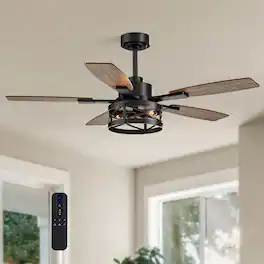 Siljoy - 52-in Rustic Cage Ceiling Fan with Walnut or Black Color Blades Ceiling Fan With Light - Remote Included ( 5-Blade ) - Matte Black
