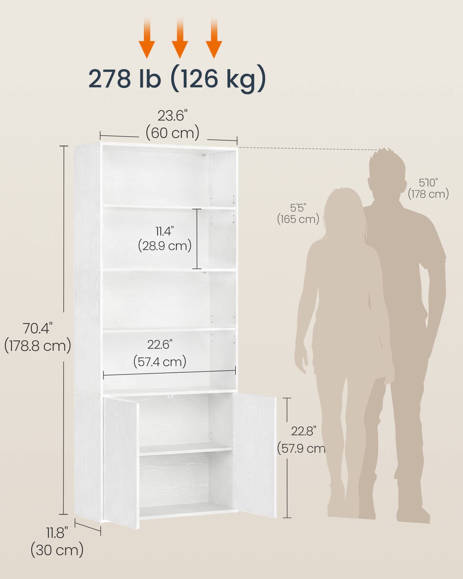 278 lb (126 kg)  
23.6" (60 cm)  
11.4" (28.9 cm)  
5'5" (165 cm)  
5'10" (178 cm)  
70.4" (178.8 cm)  
22.6" (57.4 cm)  
22.8" (57.9 cm)  
11.8" (30 cm)