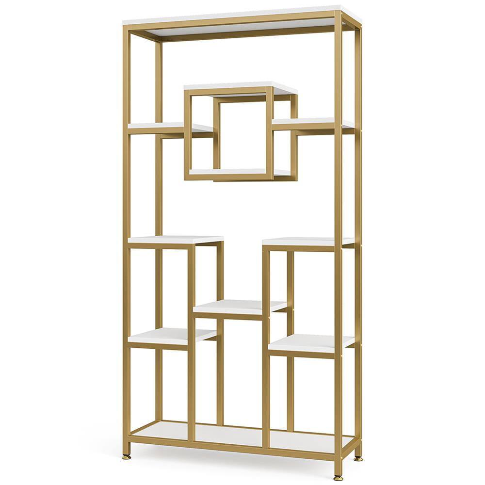 Angle. Kadyn - Kadyn Bookshelf, Storage Shelf, Bookcase,71" Tall Bookshelf, Modern 11-Tier Bookcase Display Shelf,White& Golden - White& Golden.