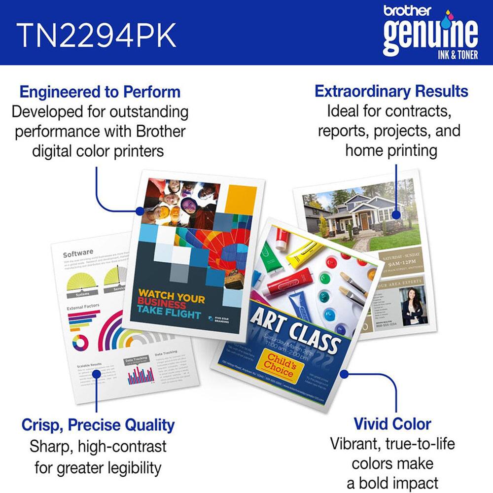 TN2294PK brother genuine INK & TONER

Engineered to Perform
Developed for outstanding performance with Brother digital color printers

Extraordinary Results
Ideal for contracts, reports, projects, and home printing

Crisp, Precise Quality
Sharp, high-contrast for greater legibility

Vivid Color
Vibrant, true-to-life colors make a bold impact