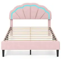 Costway Full Size Upholstered LED Bed Frame Soft Velvet Platform Bed with Flower Headboard - Pink - Front_Zoom