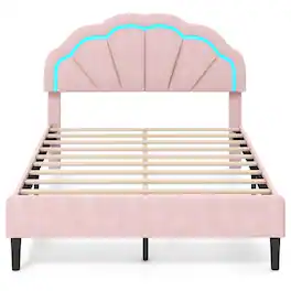Costway - Full Size Upholstered LED Bed Frame Soft Velvet Platform Bed with Flower Headboard - Pink