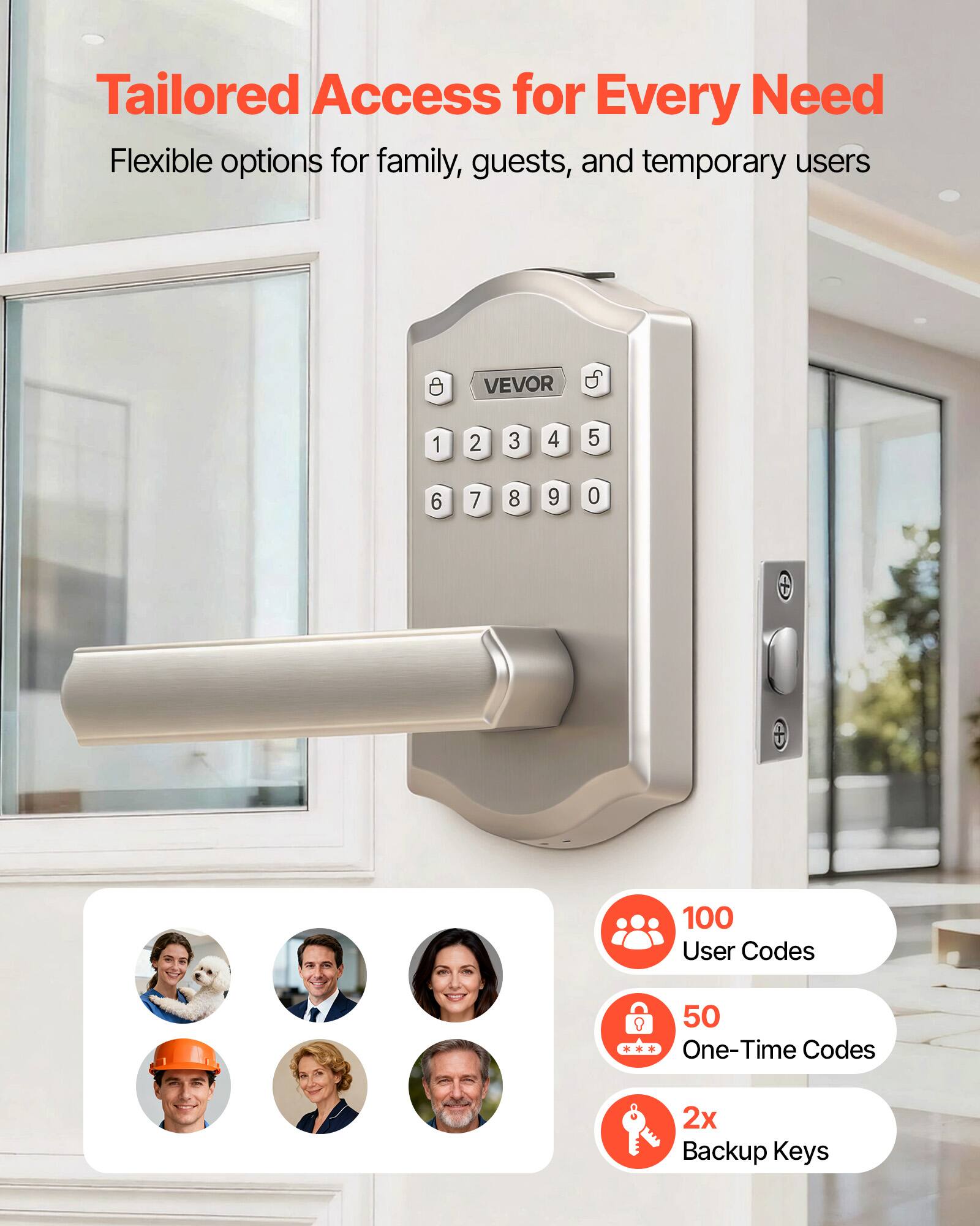 Tailored Access for Every Need  
Flexible options for family, guests, and temporary users  

- 100 User Codes  
- 50 One-Time Codes  
- 2x Backup Keys