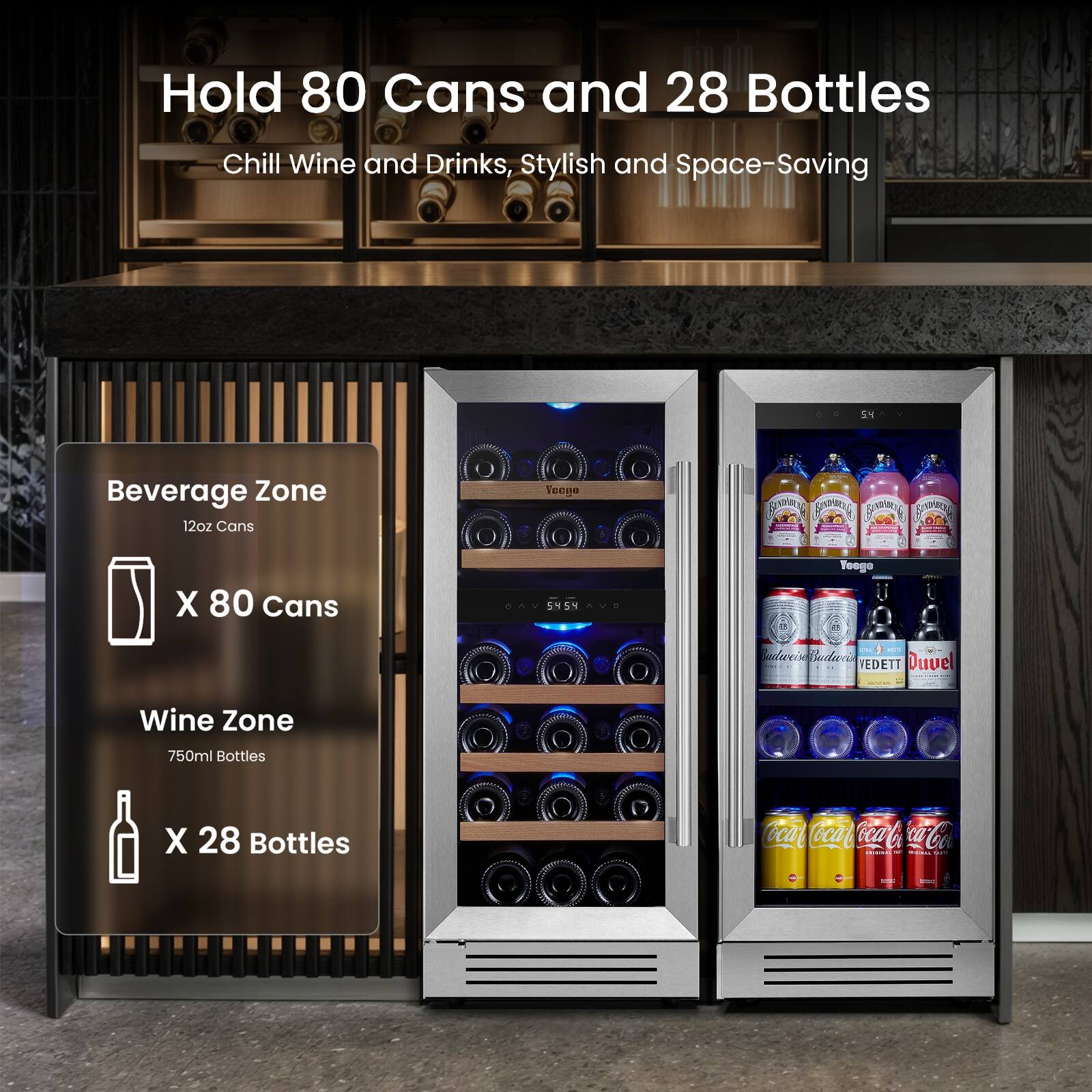 Hold 80 Cans and 28 Bottles  
Chill Wine and Drinks, Stylish and Space-Saving  

Beverage Zone  
12oz Cans  
X 80 Cans  

Wine Zone  
750ml Bottles  
X 28 Bottles