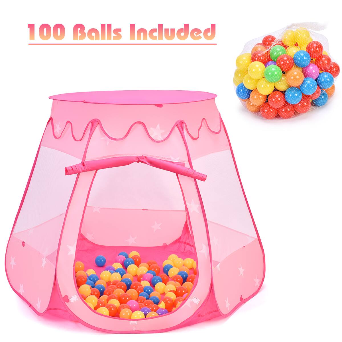 Costway - Kid Outdoor Indoor Princess Play Tent Playhouse Ball Tent Toddler Toys w/ 100 Balls - Pink