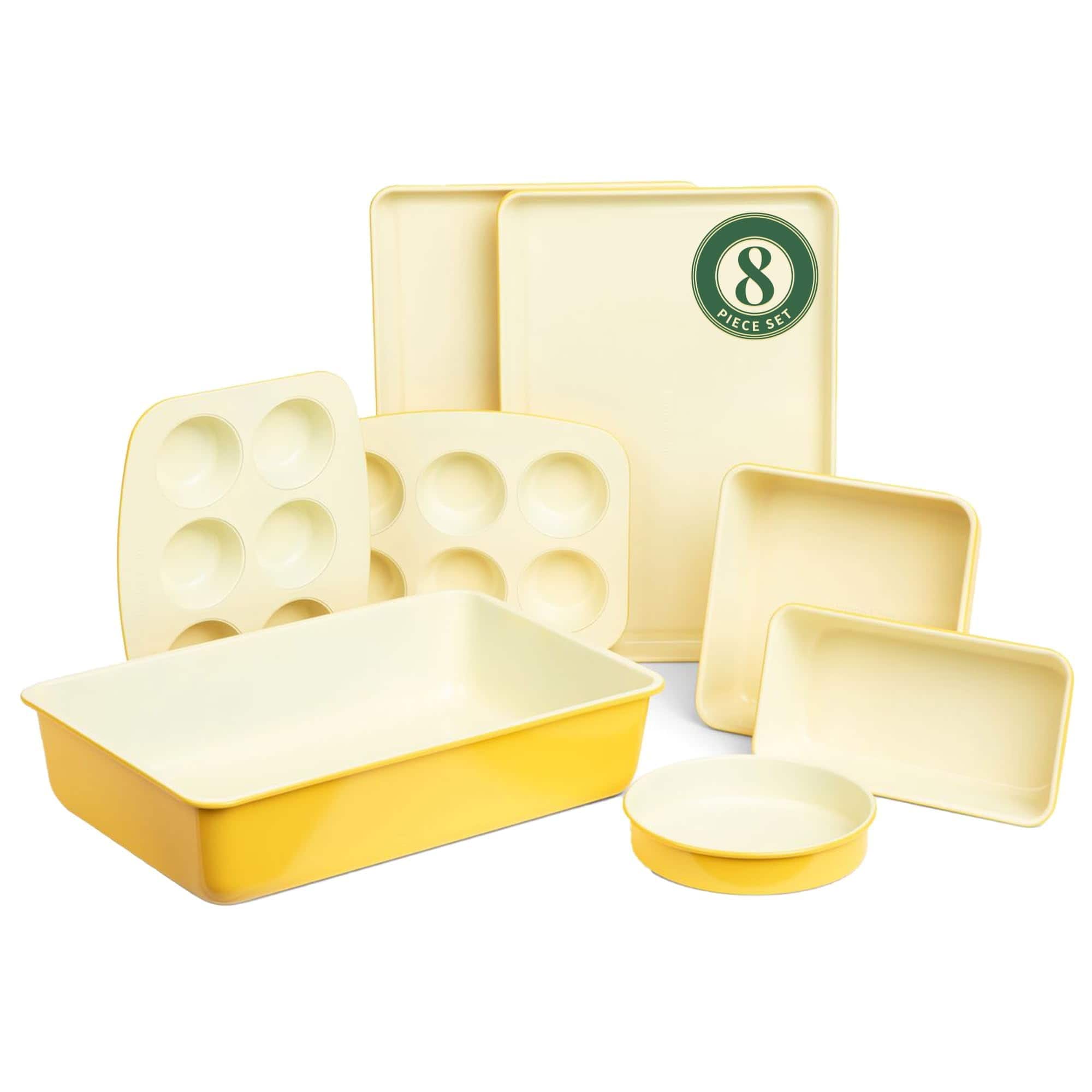 Larder & Vine - 8 Piece Nonstick Bakeware Set Including Baking Sheets, Cake Pans, Loaf Pan, Muffin Pans, Roasting Pan - Limoncello