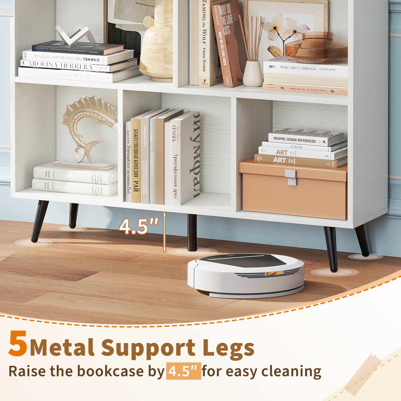 CO.... i STYLE - ARYIDRVDCA JH. CHANEL CAROLINA HERRERA Deetix 11 EE I I I I I |  i | ..1 1Eg  Yurmel   |  | Fo  | 4.5" EMUK |  esdr LAMING the WOLF CREG  2 ny  I W W I TE LDE ARM CAS E  A  a A IUR - CCHE - 1O&  a COINI FOCEN GRAPHIC OLSION REPERENCEO  a Lo ART to ART t 5Metal Support Legs Raise the bookcase by 4.5" for easy cleaning
