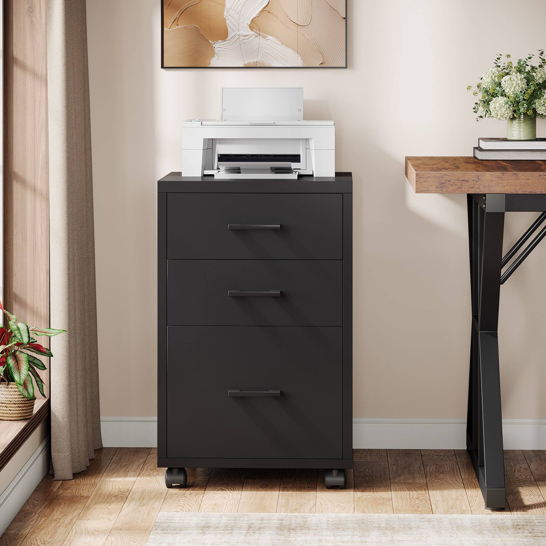 Back. Tribesigns - Office Computer Desk with Wooden Frame, Storage Drawers, for Computer Work, Writing and Study in Home Offices - Black.