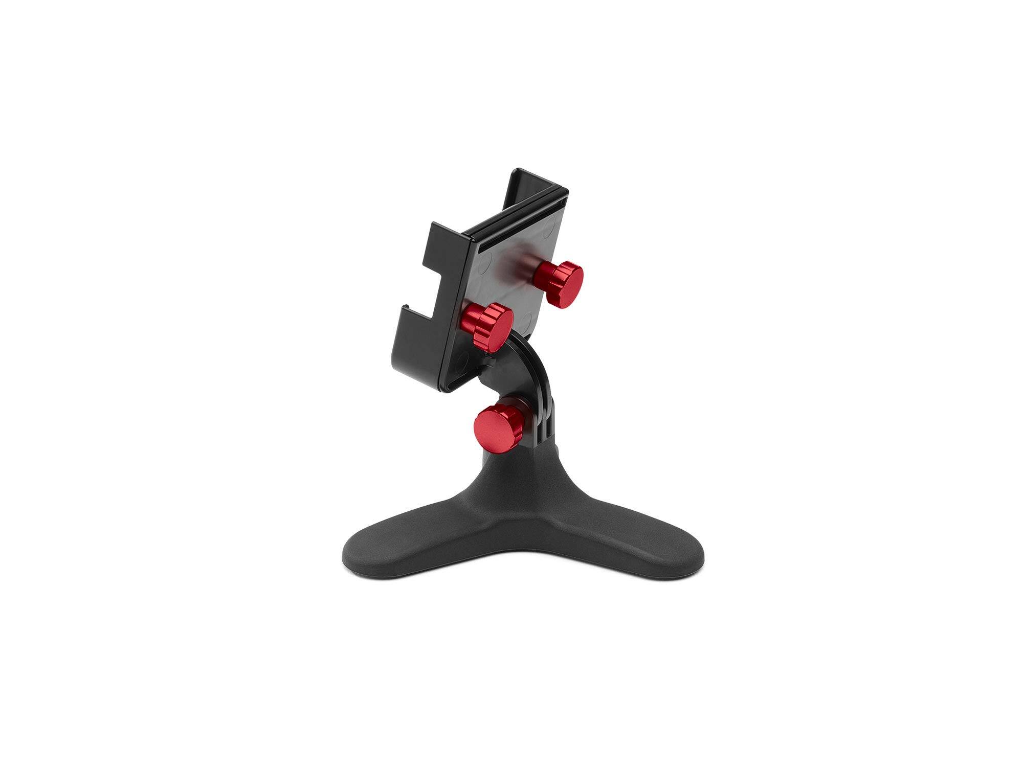 Front. WeatherTech - DeskFone Two View | Rotatable & Adjustable Universal Desktop Cell Phone Holder – Black Body – Red Metal Knobs - Black/Red Metal.