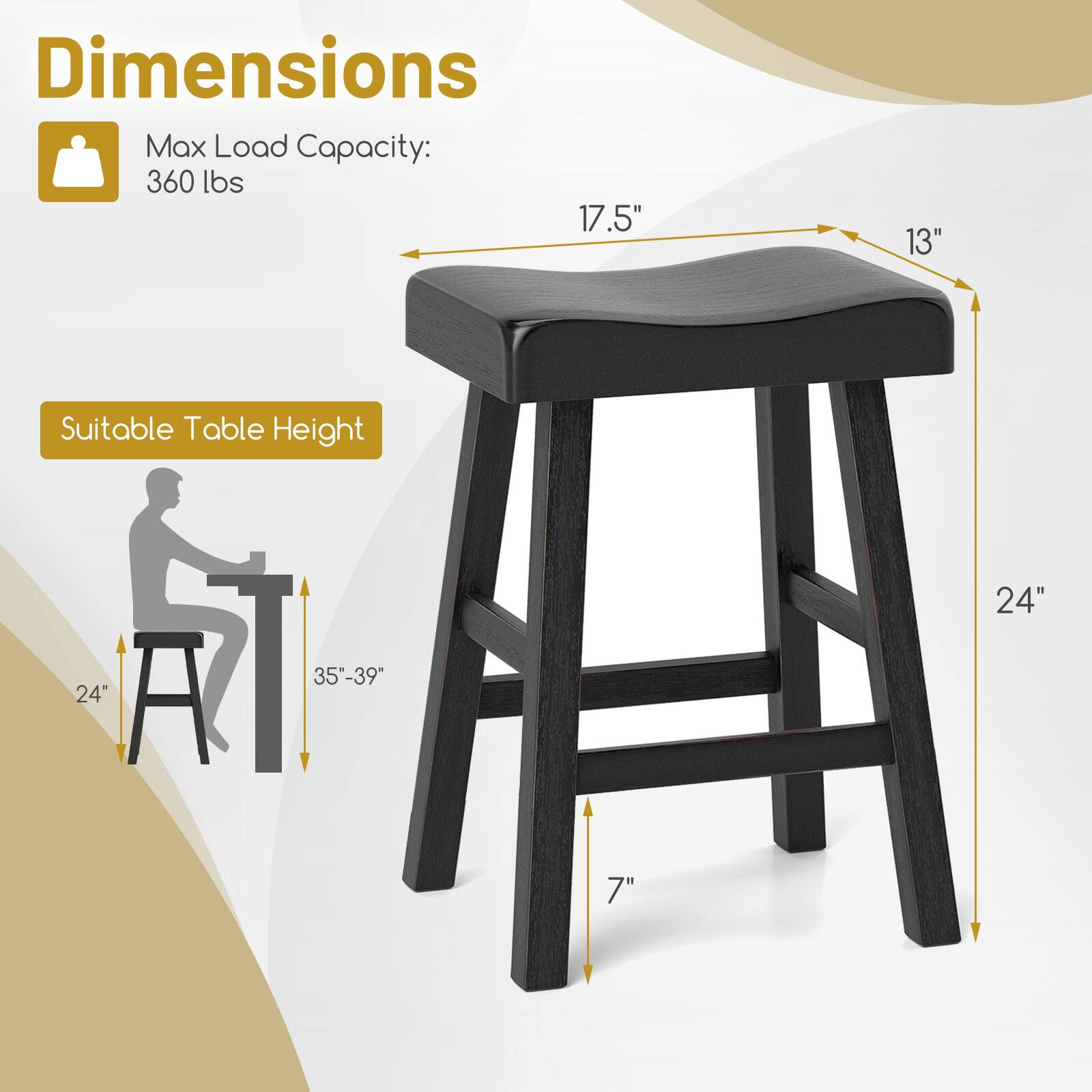 Dimensions  
Max Load Capacity: 360 lbs  
17.5" x 13"  
Suitable Table Height: 24"  
35"-39"  
7"