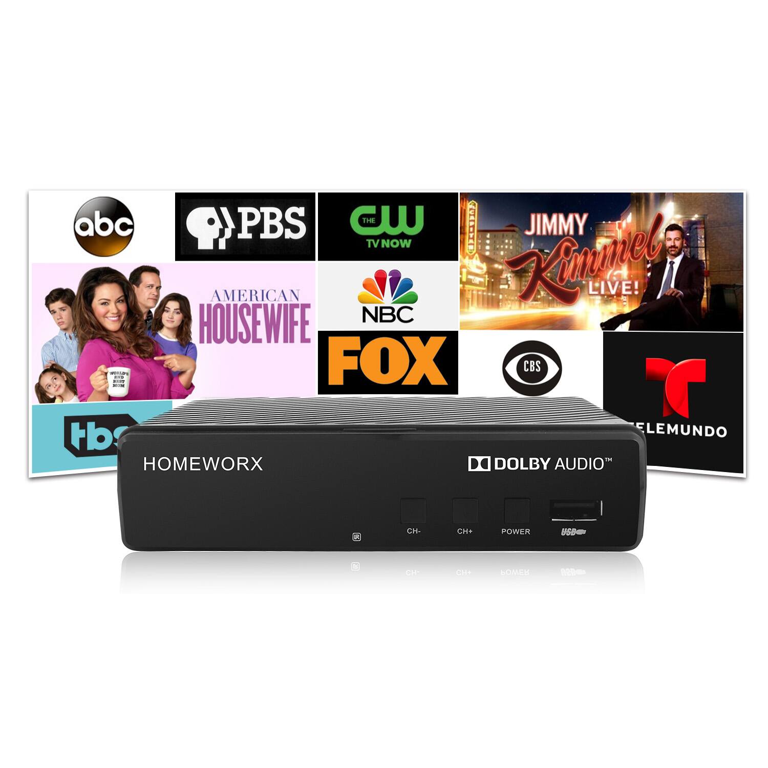abc PBS CW THE IDD JIMMY TV NOW AMERICAN NBC Kimmel, LIVE! HOUSEWIFE - - I FOX CBS TBS LEMUNDO - HOMEWORX DOLBY AUDIO * CH. CH+ POWER ad POG CHI CHA
