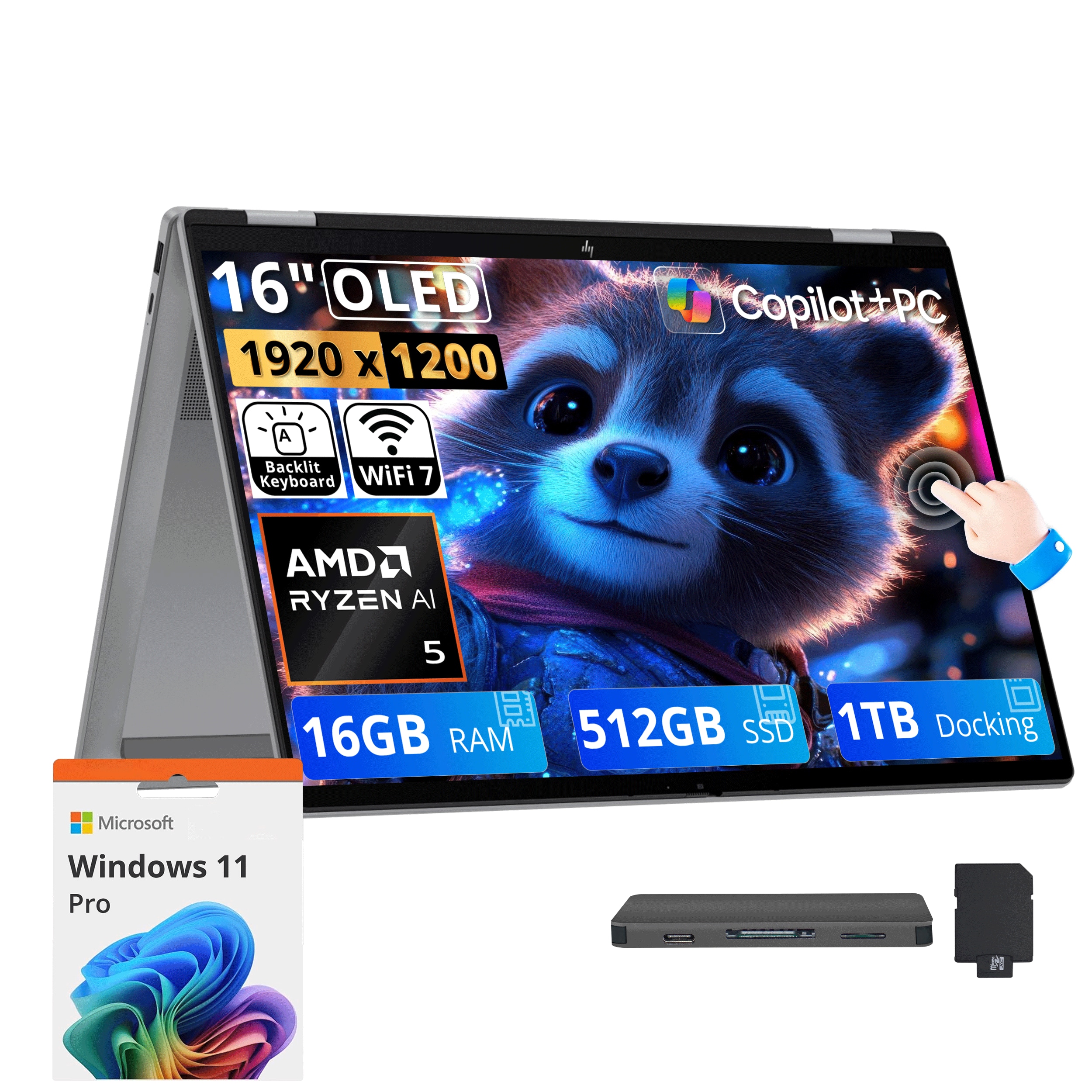 HP - Upgraded - OmniBook X Flip 2-in-1 16" Touch Laptop,Ryzen AI 5 430,16GB RAM,512GB SSD+1TB Dock,Backlit,Win 11 Pro - Meteor Silver