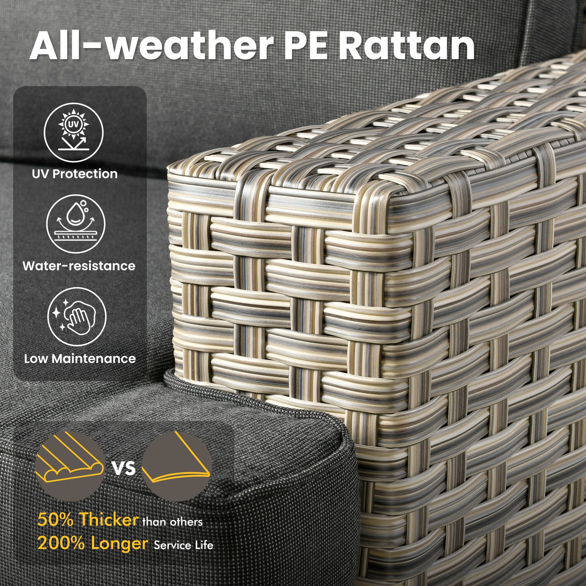 All-weather PE Rattan

- UV Protection
- Water-resistance
- Low Maintenance

VS

50% Thicker than others
200% Longer Service Life