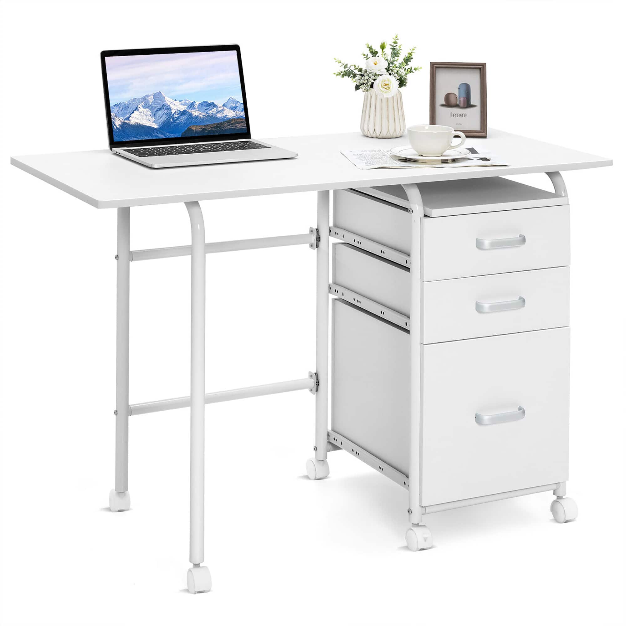 Front. Gymax - Gymax Folding Computer Laptop Desk Wheeled Home Office Furniture w/3 Drawers White - White.