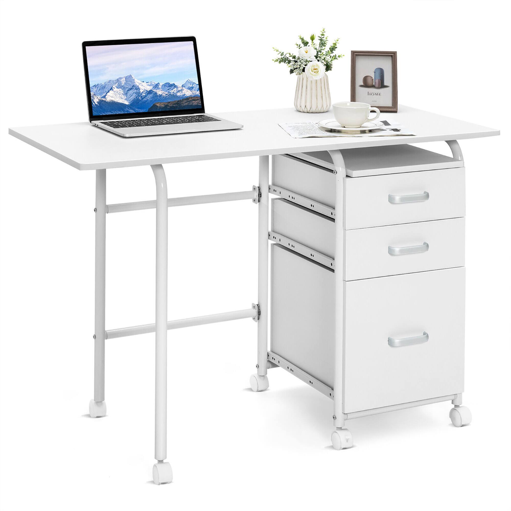 Front. Gymax - Gymax Folding Computer Laptop Desk Wheeled Home Office Furniture w/3 Drawers White - White.