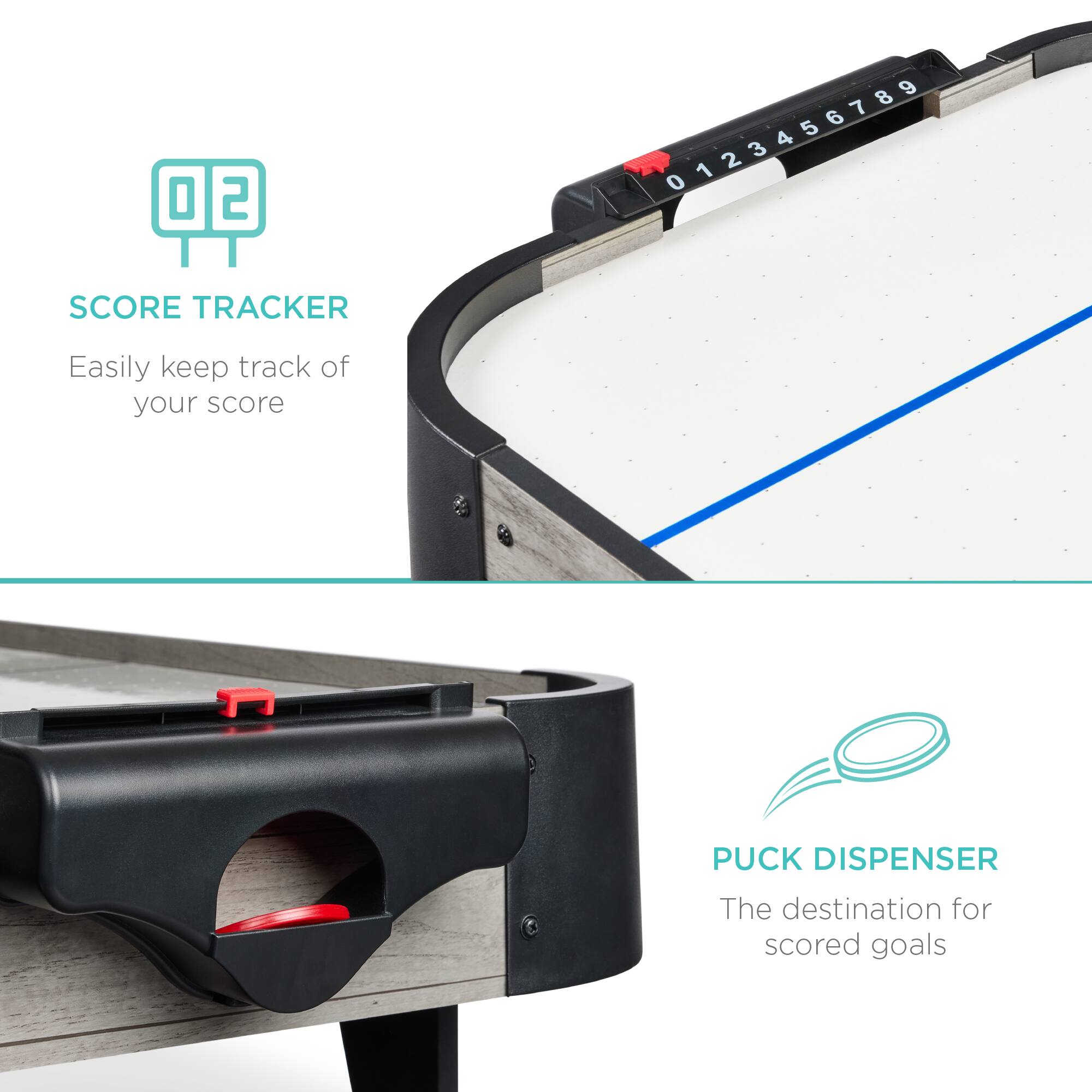 **Score Tracker**
Easily keep track of your score

**Puck Dispenser**
The destination for scored goals