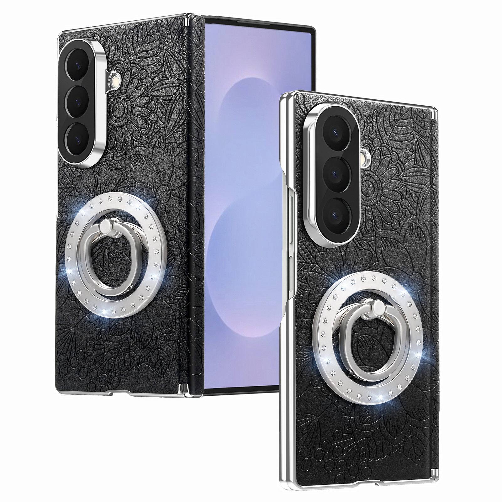 Angle. Dteck - Shockproof Leather Texture Case for Samsung Galaxy Z Fold8 Ultra with Ring Stand, Magnetic Rigid Plastic Hinge Cover - Black.