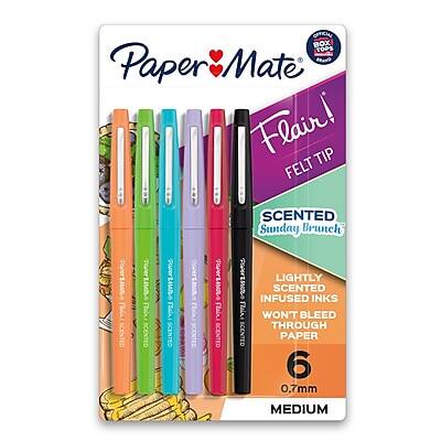 Paper Mate Flair!  
Felt Tip  
Scented Sunday Brunch  
Lightly Scented Infused Inks  
Won't Bleed Through Paper  
6 Medium 0.7mm