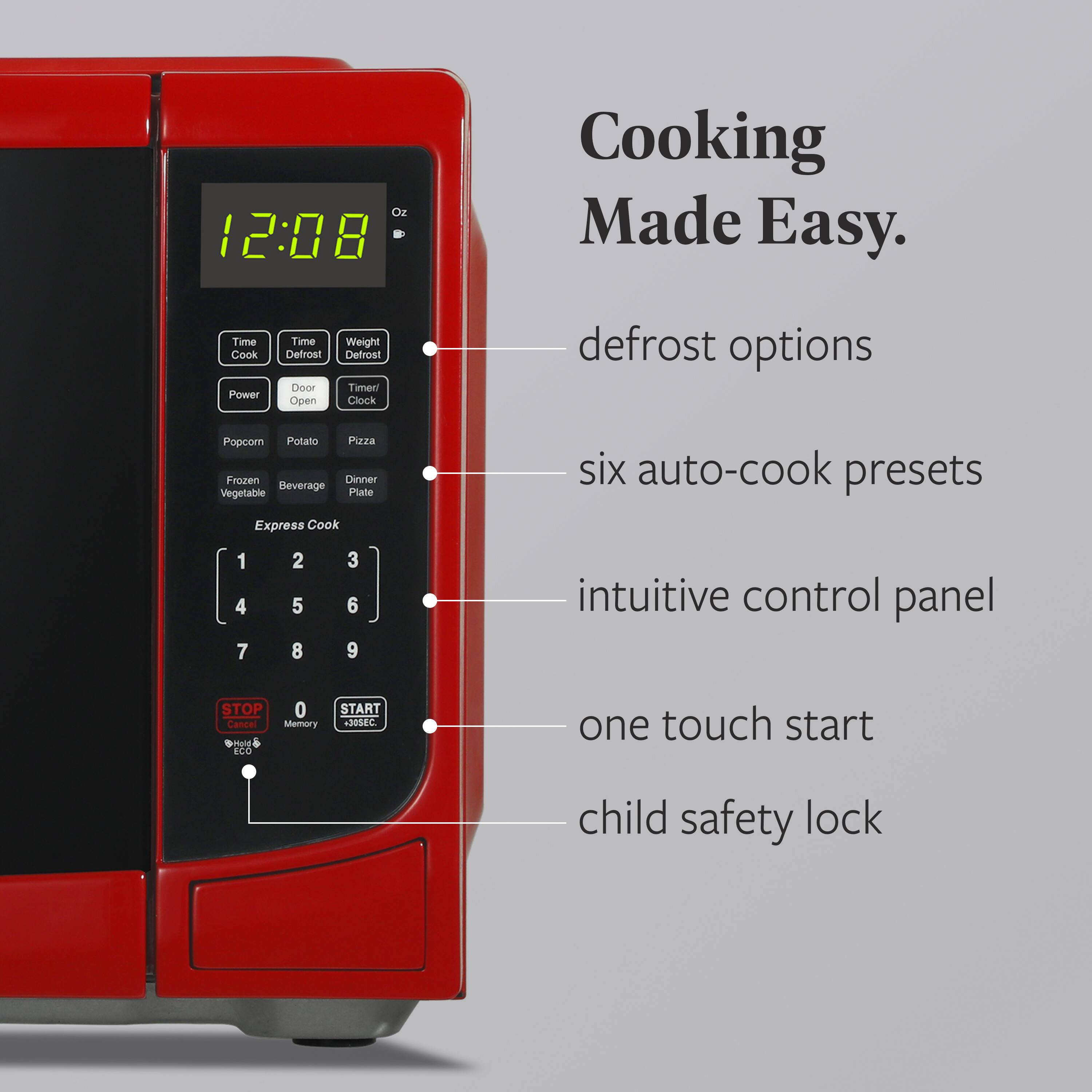 Cooking Made Easy.

- defrost options
- six auto-cook presets
- intuitive control panel
- one touch start
- child safety lock

Oz 12:08

Time Cook  
Time Defrost  
Weight Defrost  
Power  
Door Open  
Timer/ Clock  
Popcorn  
Potato  
Pizza  
Frozen Vegetable  
Beverage  
Dinner Plate  
Express Cook

1 2 3  
4 5 6  
7 8 9  

STOP Cancel  
Memory  
START 30SEC.  
Hold ECO