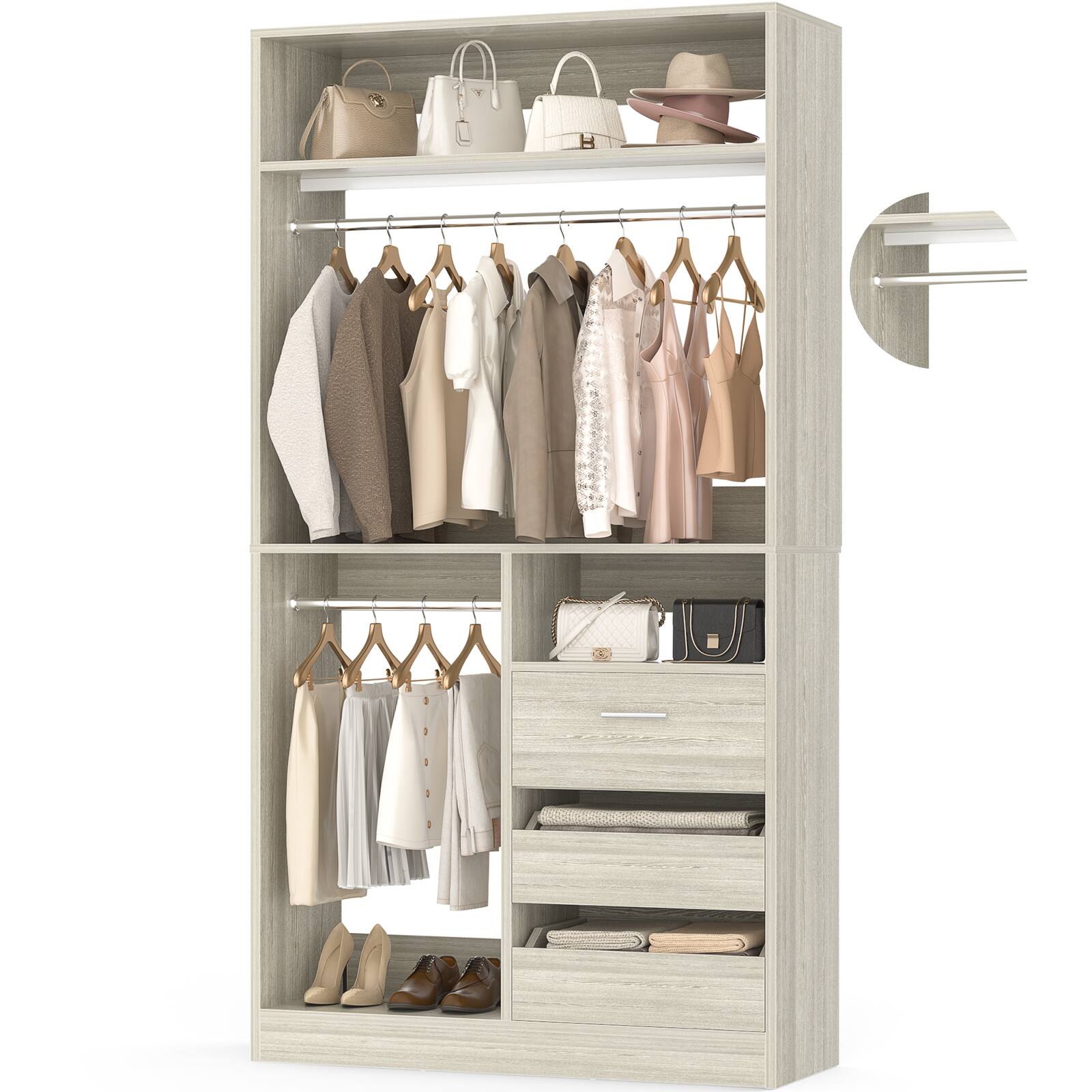 Alt View 3. Aheaplus - 36" Wood Modular Walk-in Freestanding Closet Organizer: Closed/Half-Open Drawers, 6 Shelves (36" L x 15" W x 80" H) - White Oak.