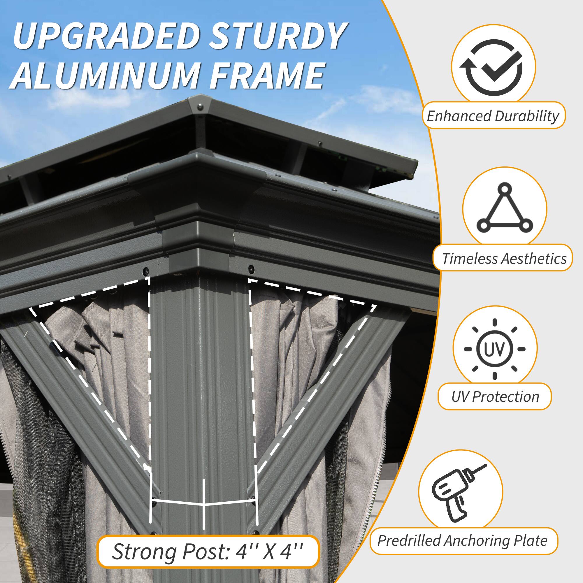 UPGRADED STURDY ALUMINUM FRAME

- Enhanced Durability
- Timeless Aesthetics
- UV Protection
- Predrilled Anchoring Plate

Strong Post: 4" X 4"