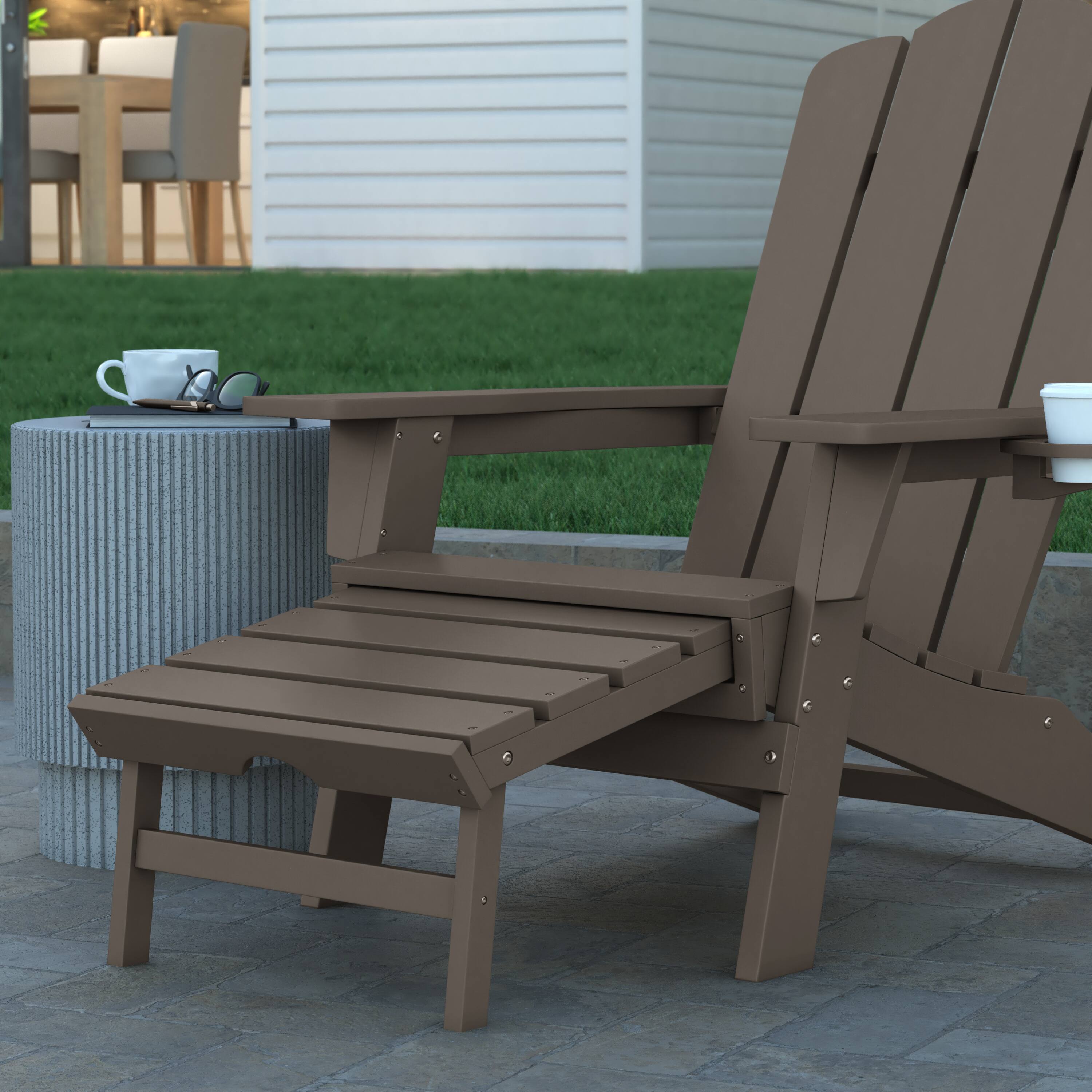 Alt View 4. Emma + Oliver - Tiverton Adirondack Chair with Cup Holder and Pull Out Ottoman, All-Weather HDPE Indoor/Outdoor Lounge Chair - Brown.