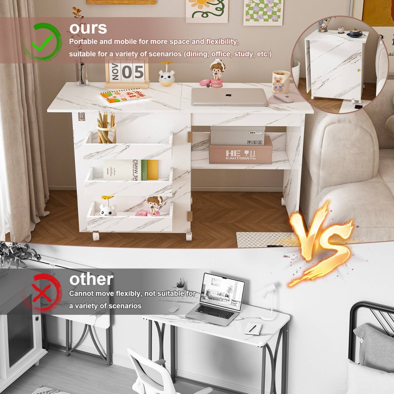 **ours**  
Portable and mobile for more space and flexibility, suitable for a variety of scenarios (dining, office, study, etc.)

**other**  
Cannot move flexibly, not suitable for a variety of scenarios