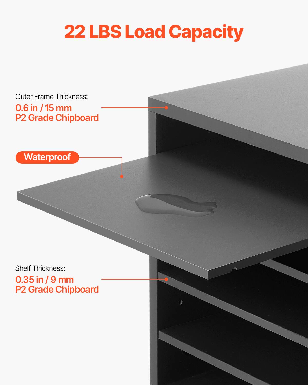 22 LBS Load Capacity

Outer Frame Thickness:  
0.6 in / 15 mm  
P2 Grade Chipboard

Waterproof

Shelf Thickness:  
0.35 in / 9 mm  
P2 Grade Chipboard