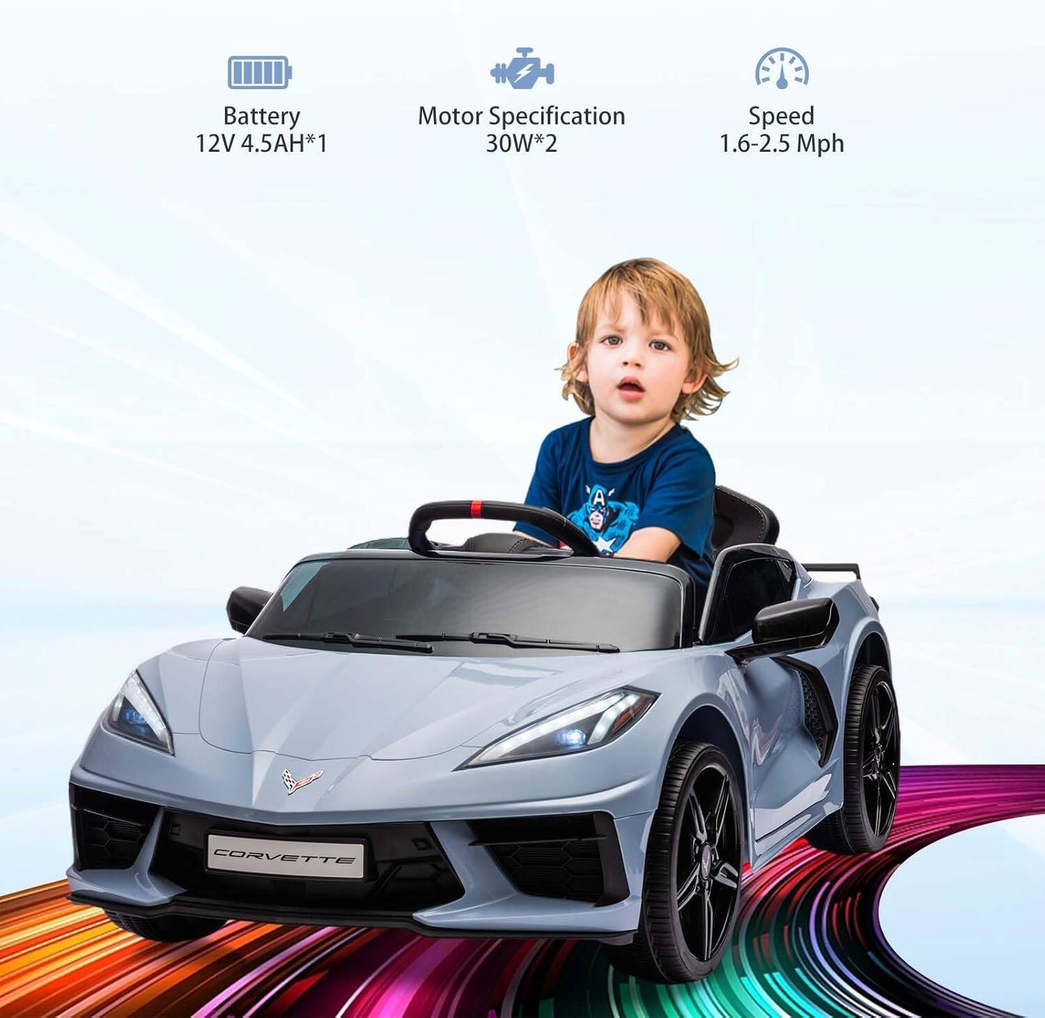 Battery  
12V 4.5AH*1  

Motor Specification  
30W*2  

Speed  
1.6-2.5 Mph  

CORVETTE
